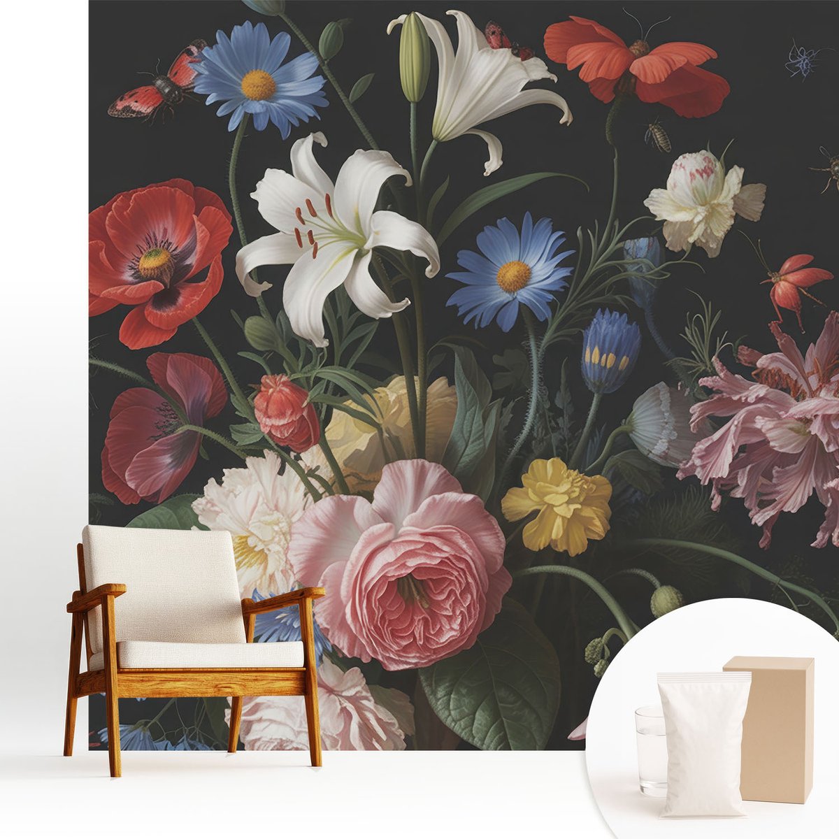 Wallfluent Fotobehang - Zwart Vliesbehang - 250x250 cm - Bloemen Met Insecten Fotobehang Vlies - Woonkamer behang Bloemen En Planten - Muurschildering - Woonkamer behang