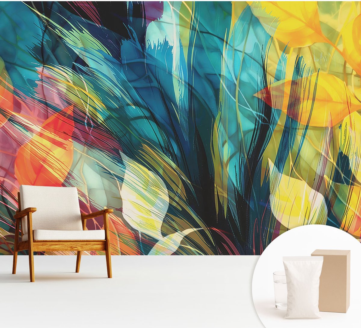 Wallfluent Fotobehang - Blauw Vliesbehang - 312x219 cm - Abstracte Bladeren Muurschildering - Slaapkamer behang Abstractie - Fotobehang Vlies - Slaapkamer behang