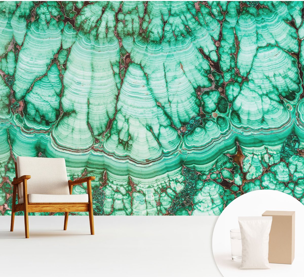 Wallfluent Fotobehang - Turkoois Vliesbehang - 312x219 cm - Groene Patronen Muurschildering - Gang behang Teksten - Fotobehang Vlies - Slaapkamer behang