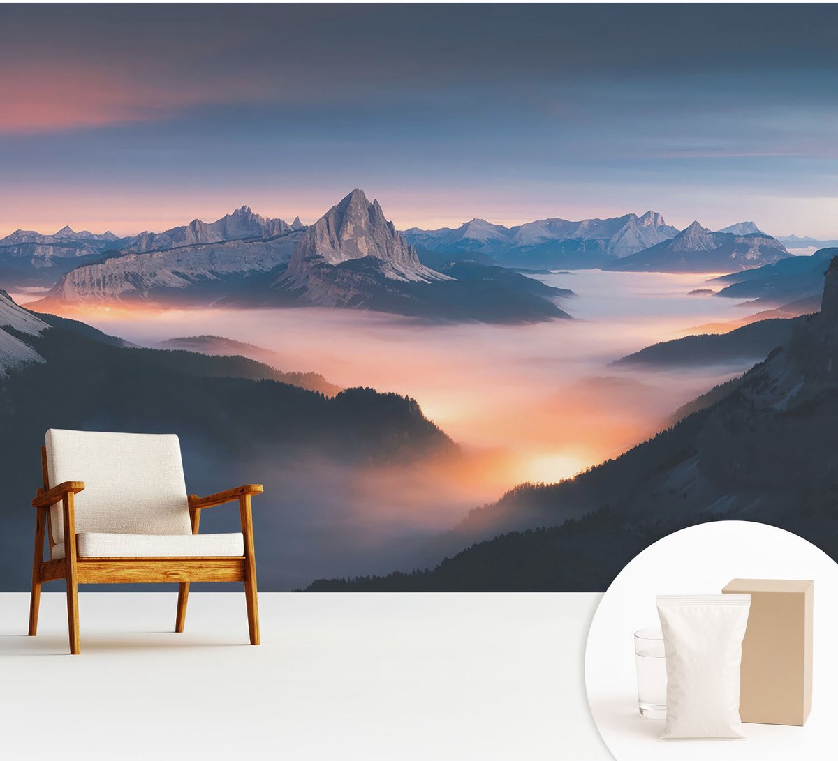 Wallfluent Fotobehang - Blauw Vliesbehang - 312x219 cm - De Opkomende Zon Muurschildering - Gang behang Landschappen - Fotobehang Vlies - Gang behang