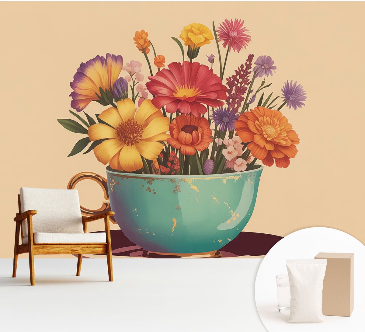 Wallfluent Fotobehang - Beige Vliesbehang - 312x219 cm - Een Kleurrijk Boeket Muurschildering - Slaapkamer behang Bloemen En Planten - Fotobehang Vlies - Slaapkamer behang