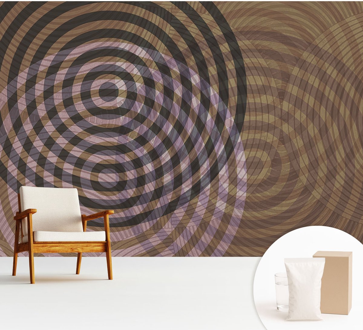 Wallfluent Fotobehang - Bruin Vliesbehang - 312x219 cm - Hypnotiserende Cirkels Muurschildering - Slaapkamer behang Abstractie - Fotobehang Vlies - Slaapkamer behang