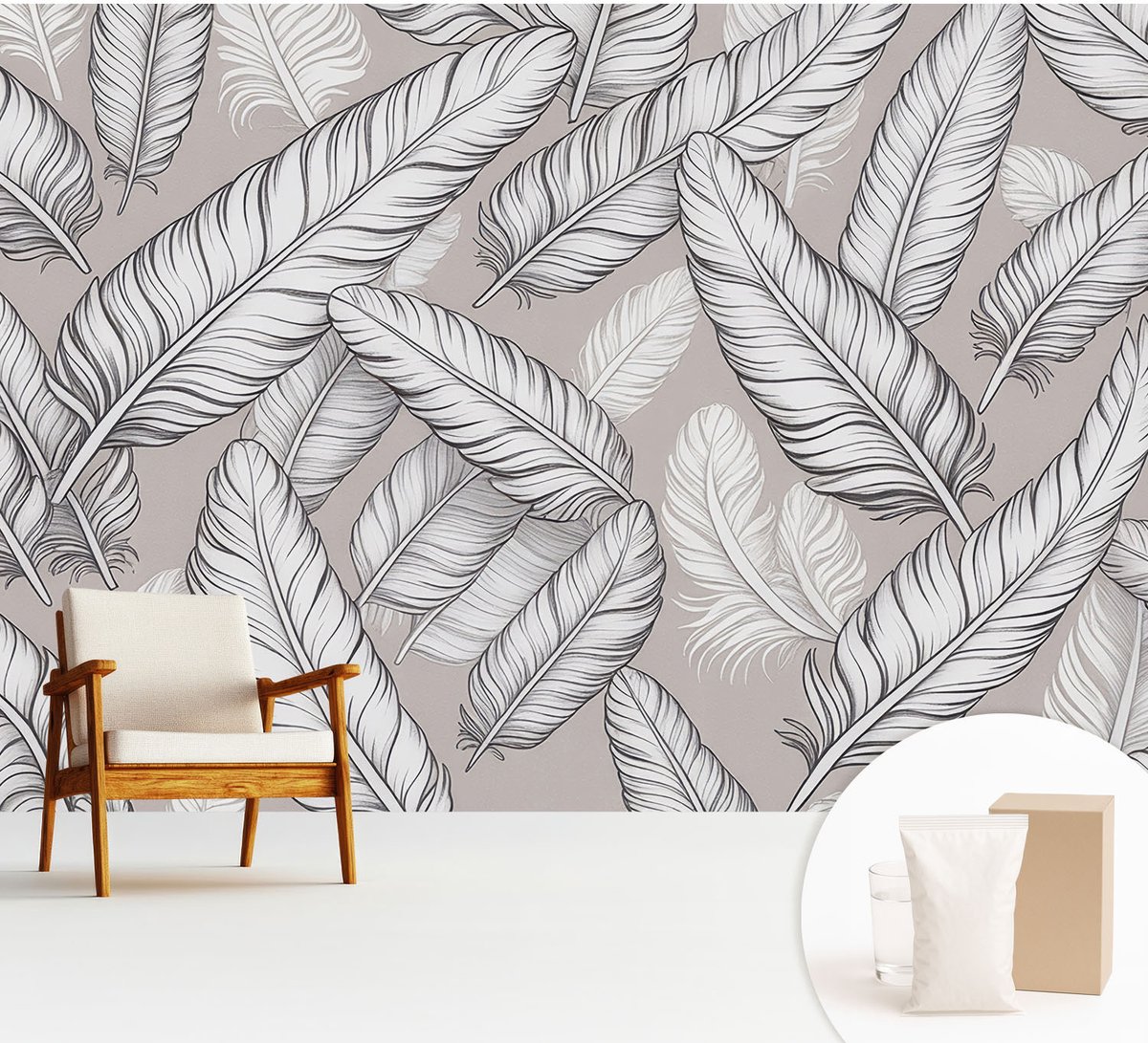 Wallfluent Fotobehang - Grijs Vliesbehang - 312x219 cm - Subtiele Veren Fotobehang Vlies - Woonkamer behang Achtergronden En Patronen - Muurschildering - Woonkamer behang