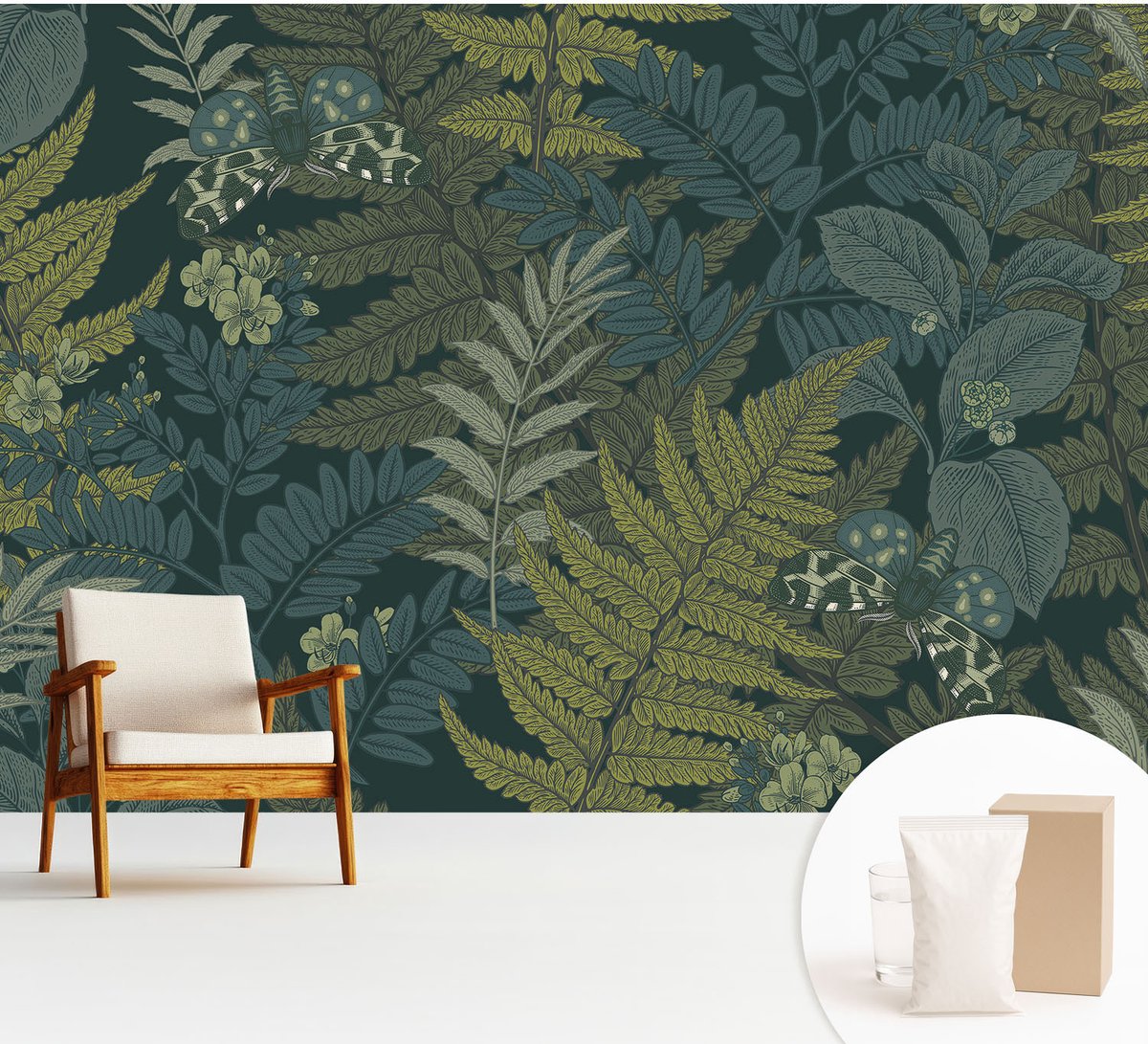 Wallfluent Fotobehang - Groente Vliesbehang - 312x219 cm - Groene Elegantie Fotobehang Vlies - Hal behang Bloemen En Planten - Muurschildering - Hal behang