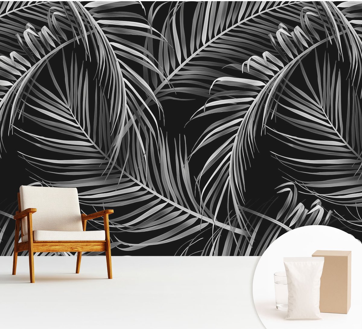 Wallfluent Fotobehang - Zwart Vliesbehang - 312x219 cm - Exotisch Patroon Fotobehang Vlies - Hal behang Bloemen En Planten - Muurschildering - Hal behang