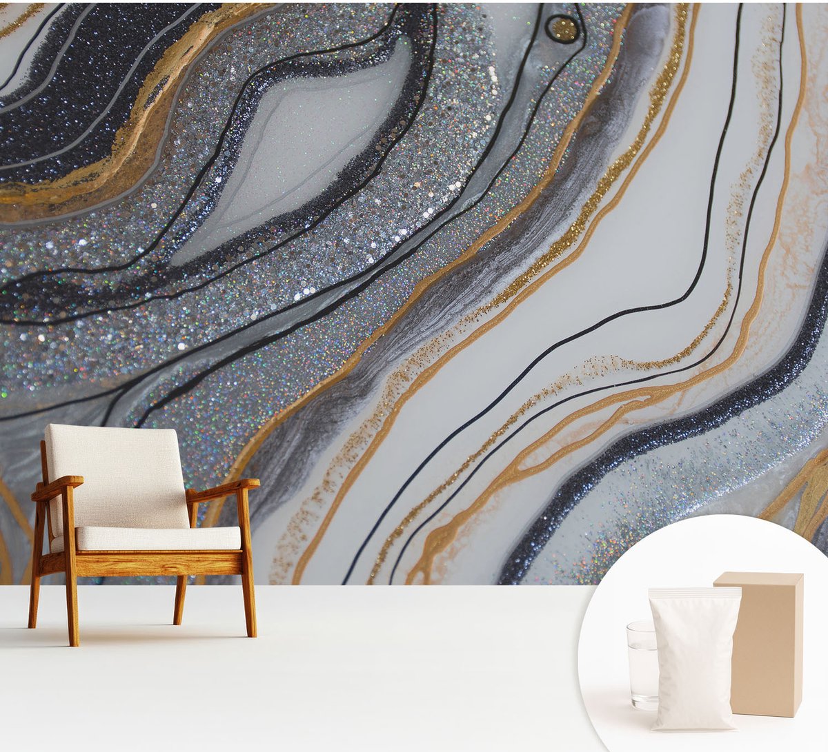 Wallfluent Fotobehang - Zwart Vliesbehang - 312x219 cm - Steengolven Fotobehang Vlies - Woonkamer behang Abstractie - Muurschildering - Woonkamer behang