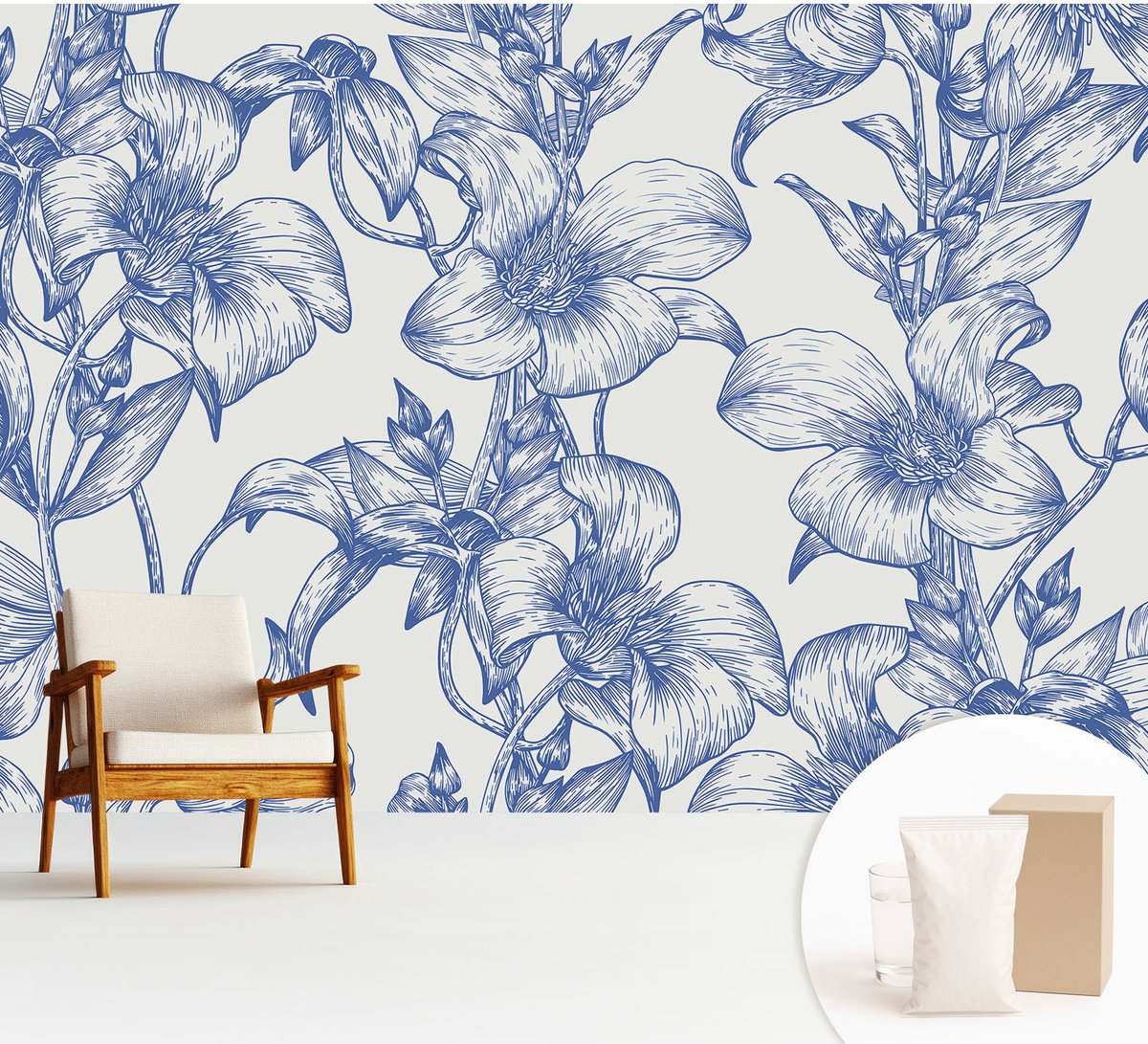 Wallfluent Fotobehang - Wit Vliesbehang - 312x219 cm - Bloemtakken Fotobehang Vlies - Hal behang Bloemen En Planten - Muurschildering - Hal behang