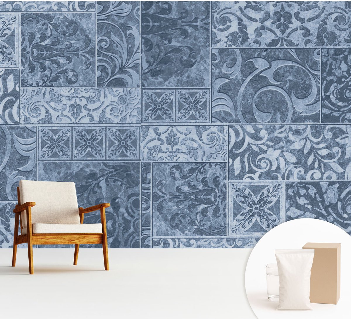 Wallfluent Fotobehang - Blauw Vliesbehang - 312x219 cm - Plantenornamenten Muurschildering - Gang behang Achtergronden En Patronen - Fotobehang Vlies - Slaapkamer behang