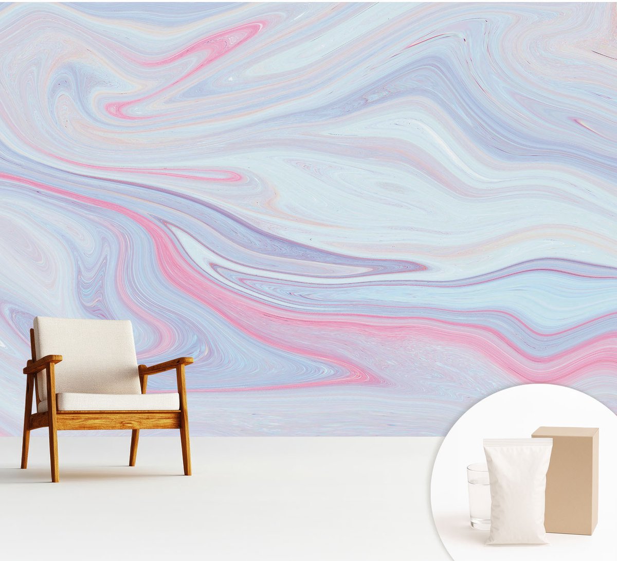 Wallfluent Fotobehang - Blauw Vliesbehang - 312x219 cm - Pastelkleurige Werveling Muurschildering - Gang behang Abstractie - Fotobehang Vlies - Slaapkamer behang