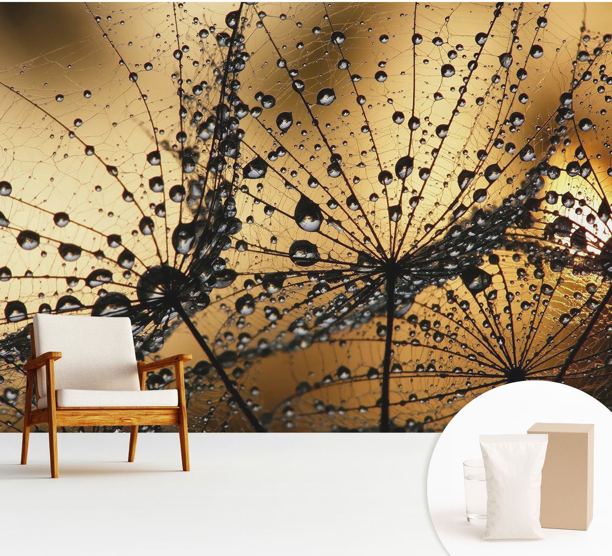 Wallfluent Fotobehang - Zwart Vliesbehang - 312x219 cm - Fijne Druppels Muurschildering - Gang behang Bloemen En Planten - Fotobehang Vlies - Slaapkamer behang