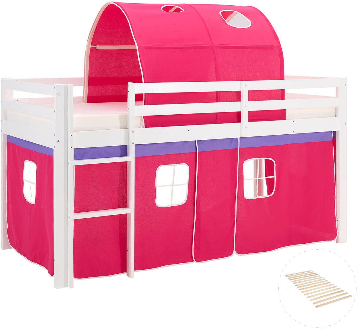 Homestyle4u Hoogslaper - 90x200 cm - met lattenbodem - tunnel en gordijn roze Wit