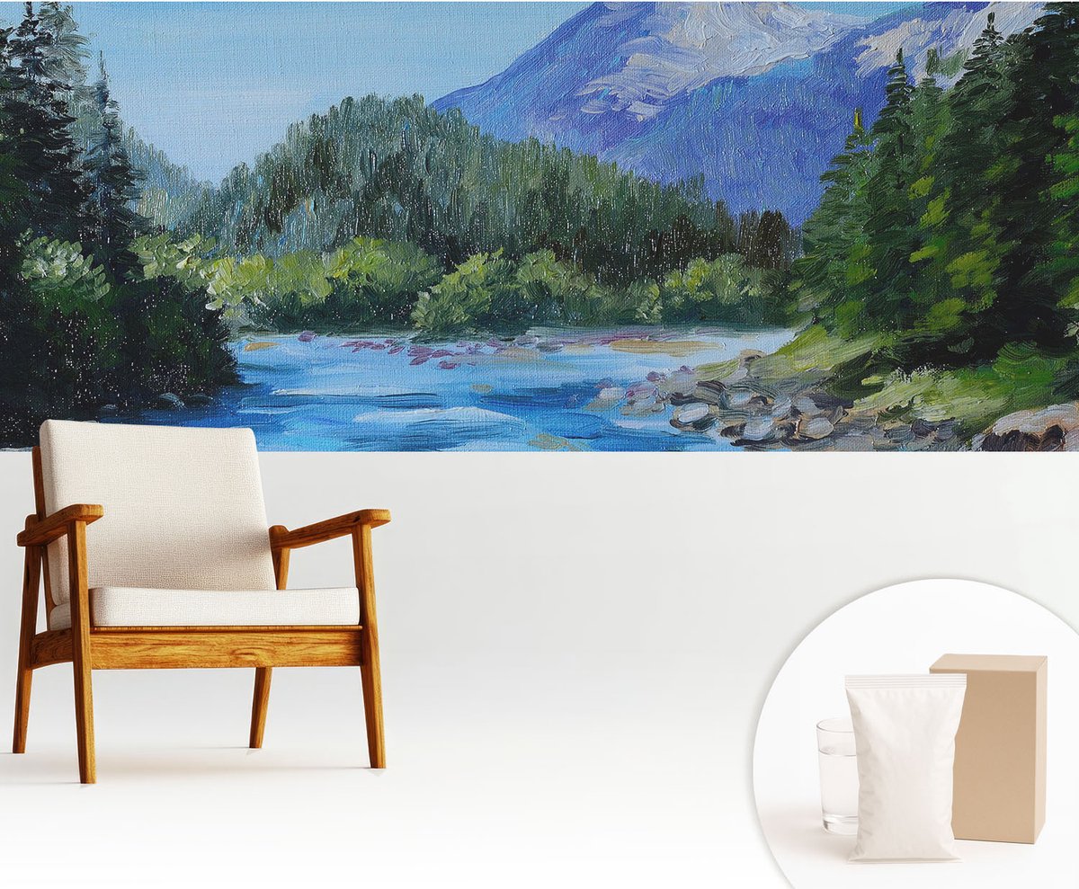 Wallfluent Fotobehang - Blauw Vliesbehang - 250x104 cm - Berglandschap Fotobehang Vlies - Hal behang Landschappen - Muurschildering - Hal behang