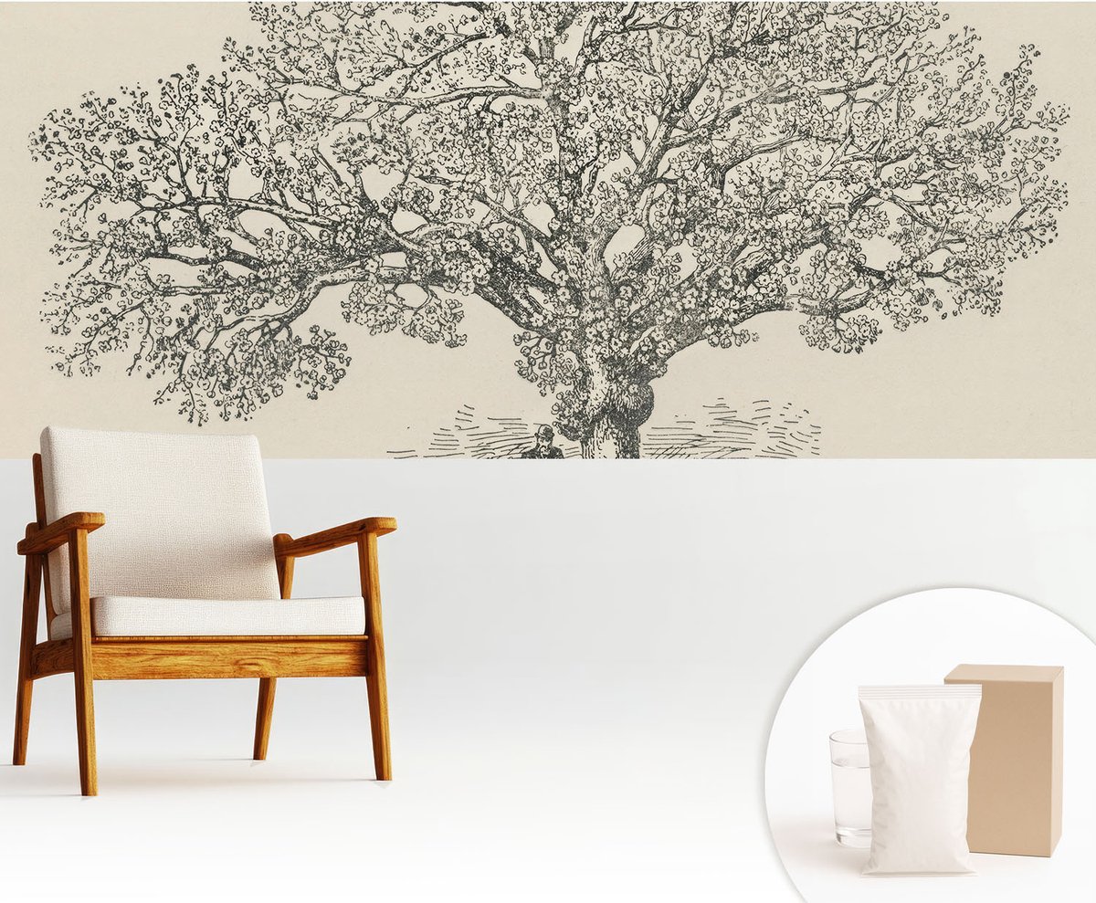 Wallfluent Fotobehang - Zwart-Wit Vliesbehang - 250x104 cm - Boomillustratie Muurschildering - Slaapkamer behang Bloemen En Planten - Fotobehang Vlies - Slaapkamer behang