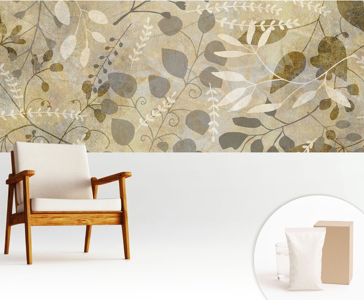 Wallfluent Fotobehang - Beige Vliesbehang - 250x104 cm - Takbladeren Fotobehang Vlies - Woonkamer behang Bloemen En Planten - Muurschildering - Woonkamer behang