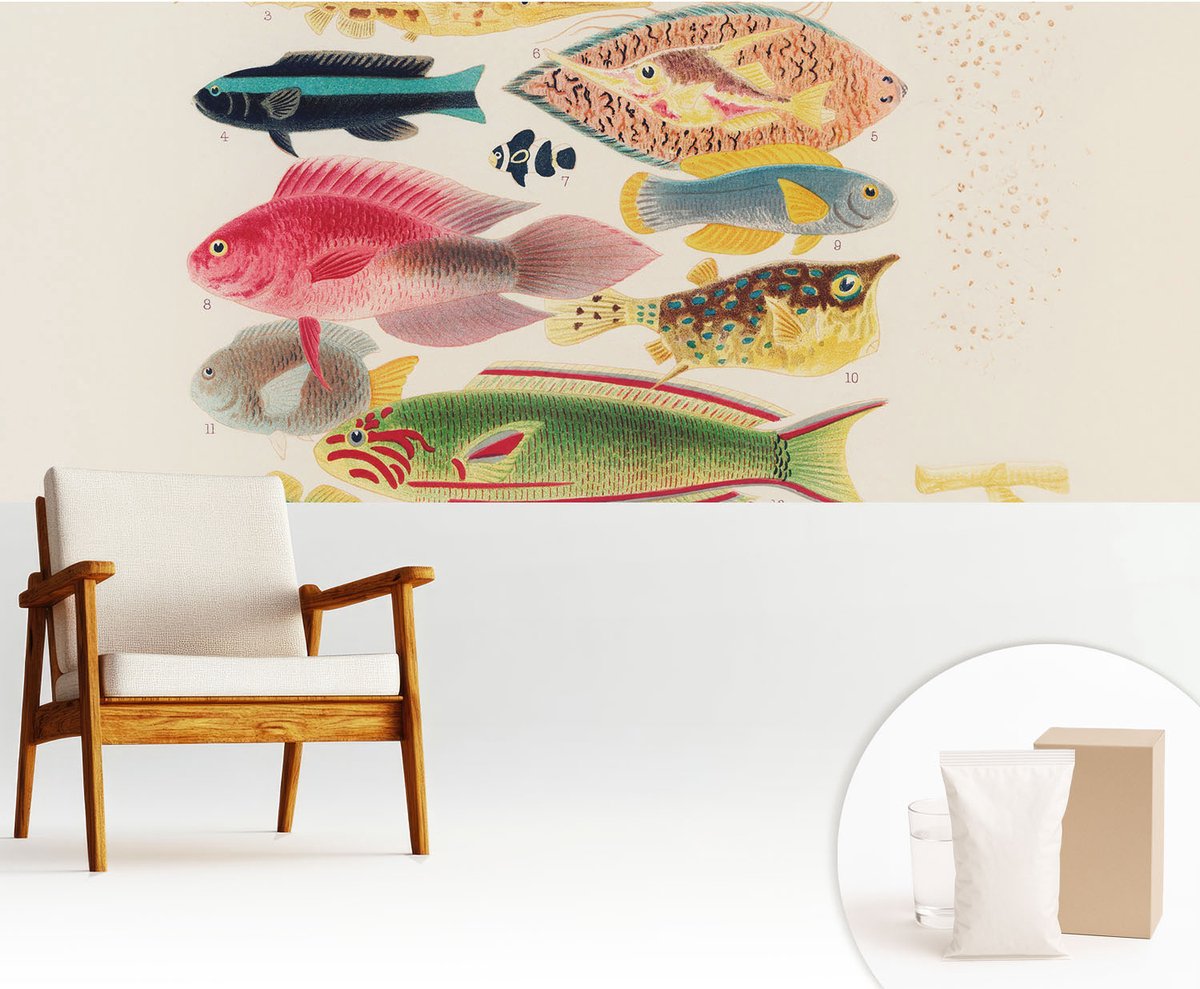 Wallfluent Fotobehang - Beige Vliesbehang - 250x104 cm - Kleurrijke Vissen Muurschildering - Slaapkamer behang Dieren - Fotobehang Vlies - Slaapkamer behang
