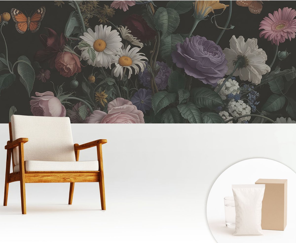 Wallfluent Fotobehang - Zwart Vliesbehang - 250x104 cm - Bloemige Elegantie Fotobehang Vlies - Woonkamer behang Bloemen En Planten - Muurschildering - Woonkamer behang