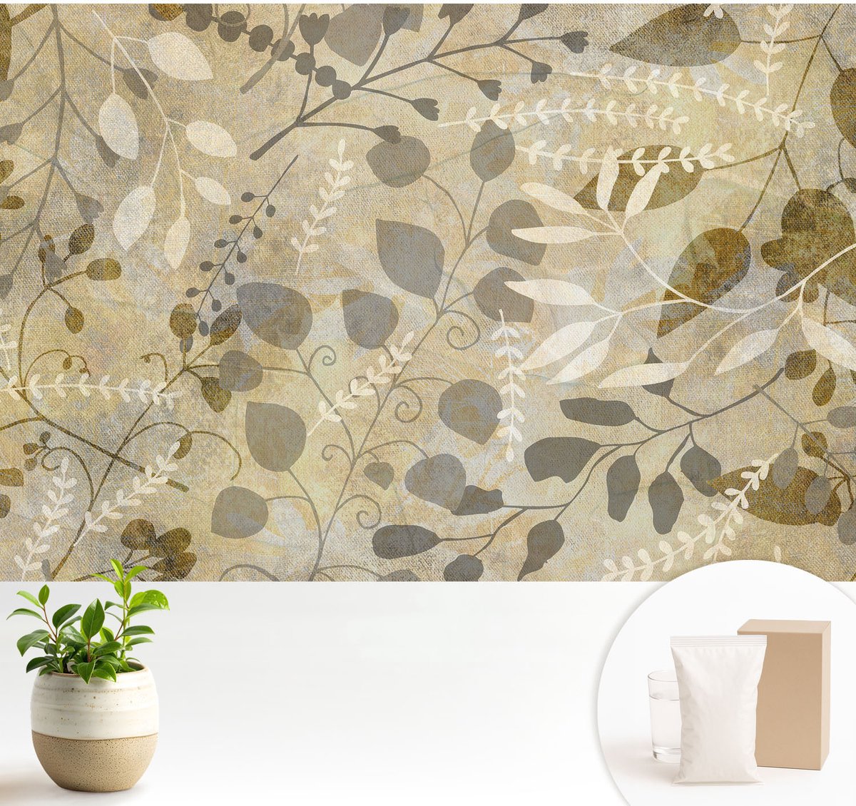 Wallfluent Fotobehang - Beige Vliesbehang - 104x70 cm - Takbladeren Fotobehang Vlies - Woonkamer behang Bloemen En Planten - Muurschildering - Woonkamer behang
