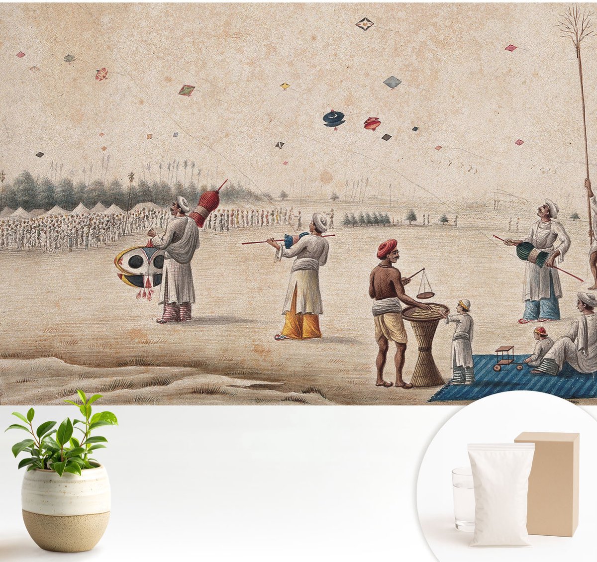 Wallfluent Fotobehang - Beige Vliesbehang - 104x70 cm - Zweefvliegers Muurschildering - Slaapkamer behang Mensen - Fotobehang Vlies - Gang behang