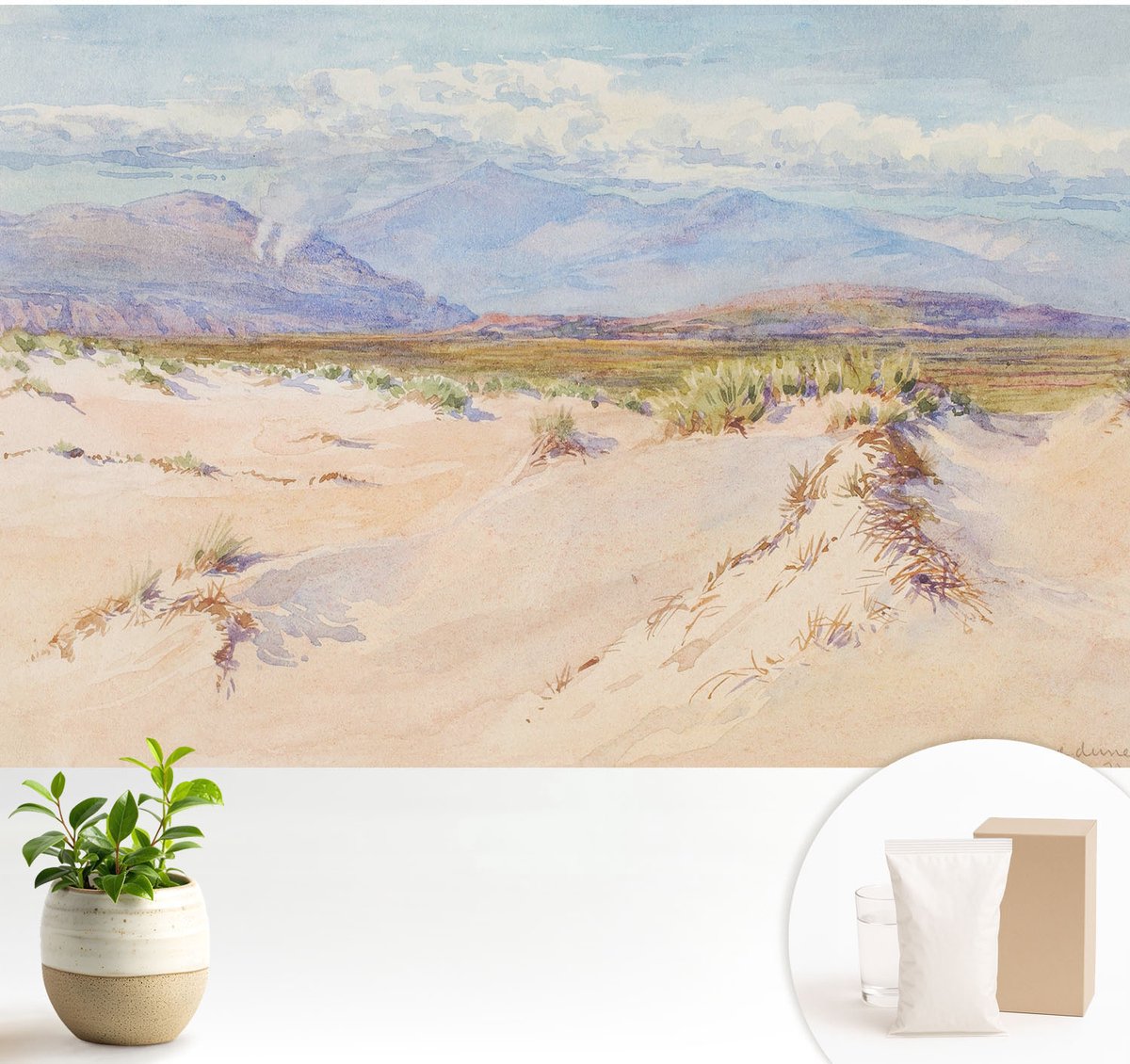 Wallfluent Fotobehang - Wit Vliesbehang - 104x70 cm - Woestijnlandschap Muurschildering - Slaapkamer behang Landschappen - Fotobehang Vlies - Slaapkamer behang
