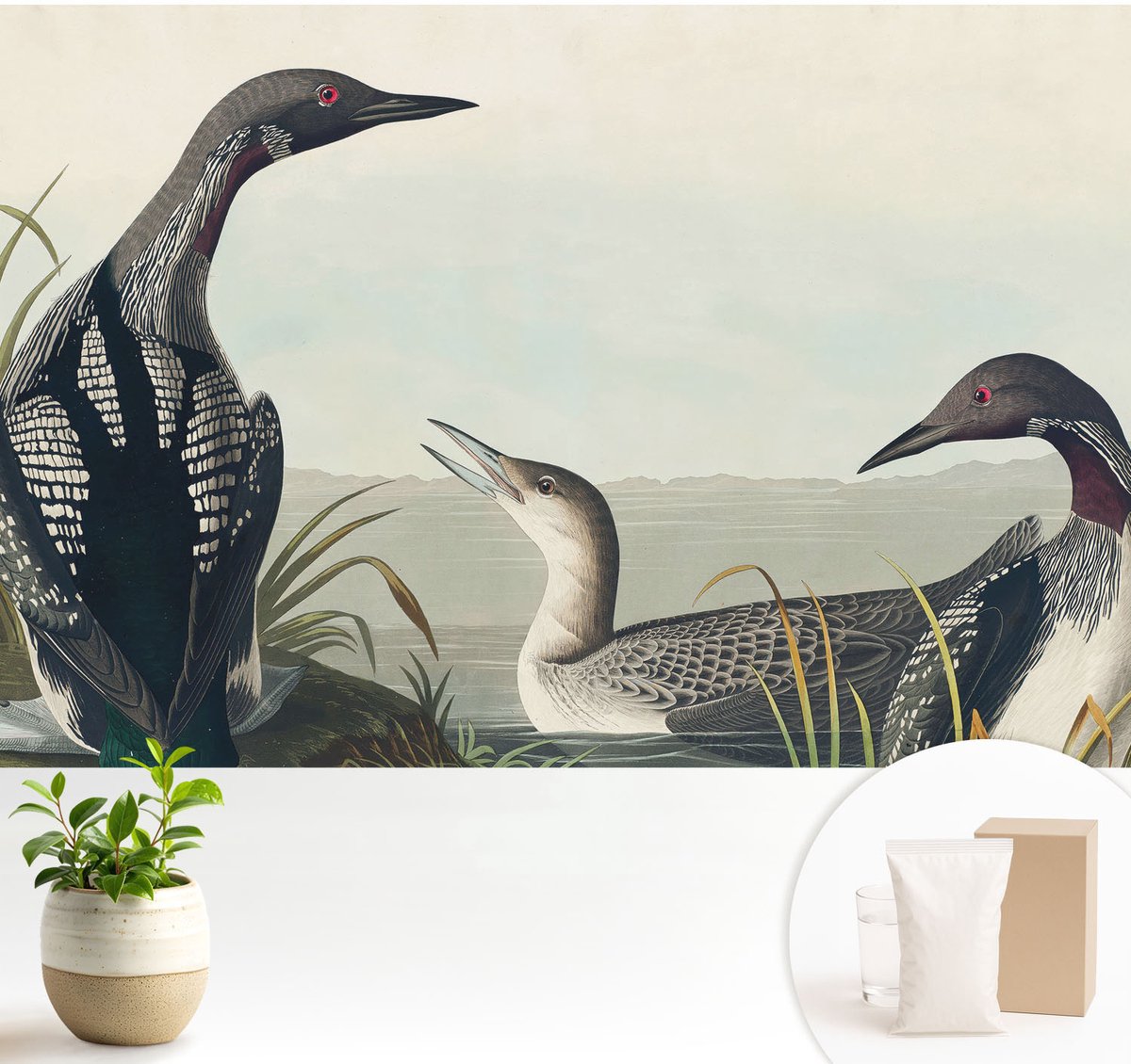 Wallfluent Fotobehang - Zwart Vliesbehang - 104x70 cm - Vogels Boven Het Water Fotobehang Vlies - Hal behang Dieren - Muurschildering - Woonkamer behang