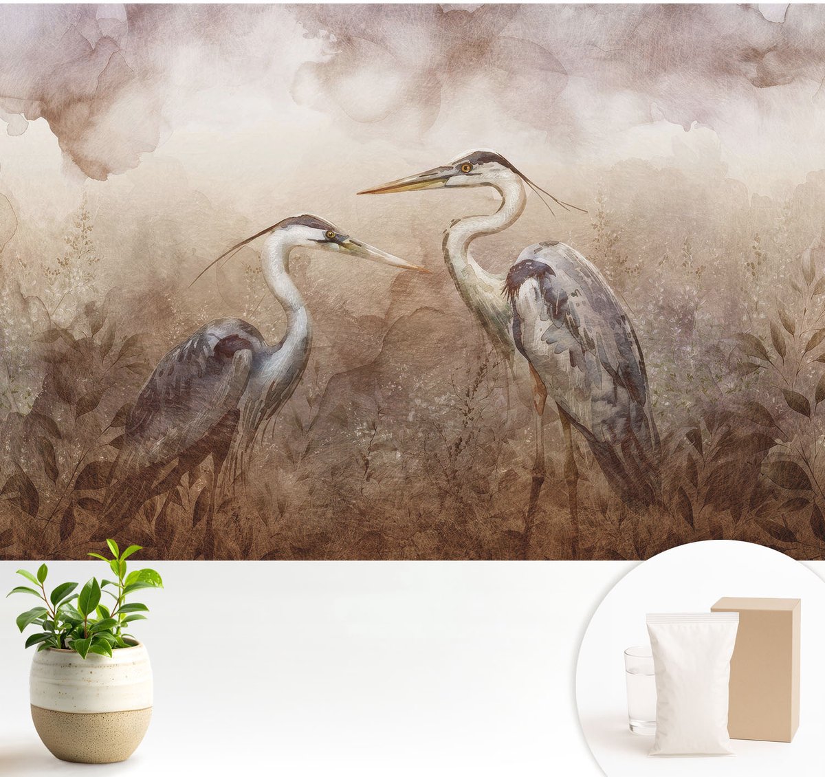 Wallfluent Fotobehang - Bruin Vliesbehang - 104x70 cm - Elegante Vogels Muurschildering - Gang behang Dieren - Fotobehang Vlies - Gang behang