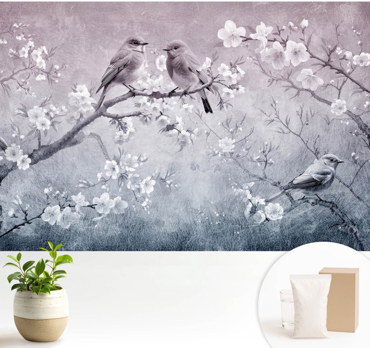 Wallfluent Fotobehang - Grijs Vliesbehang - 104x70 cm - Subtiele Natuur Fotobehang Vlies - Hal behang Bloemen En Planten - Muurschildering - Woonkamer behang