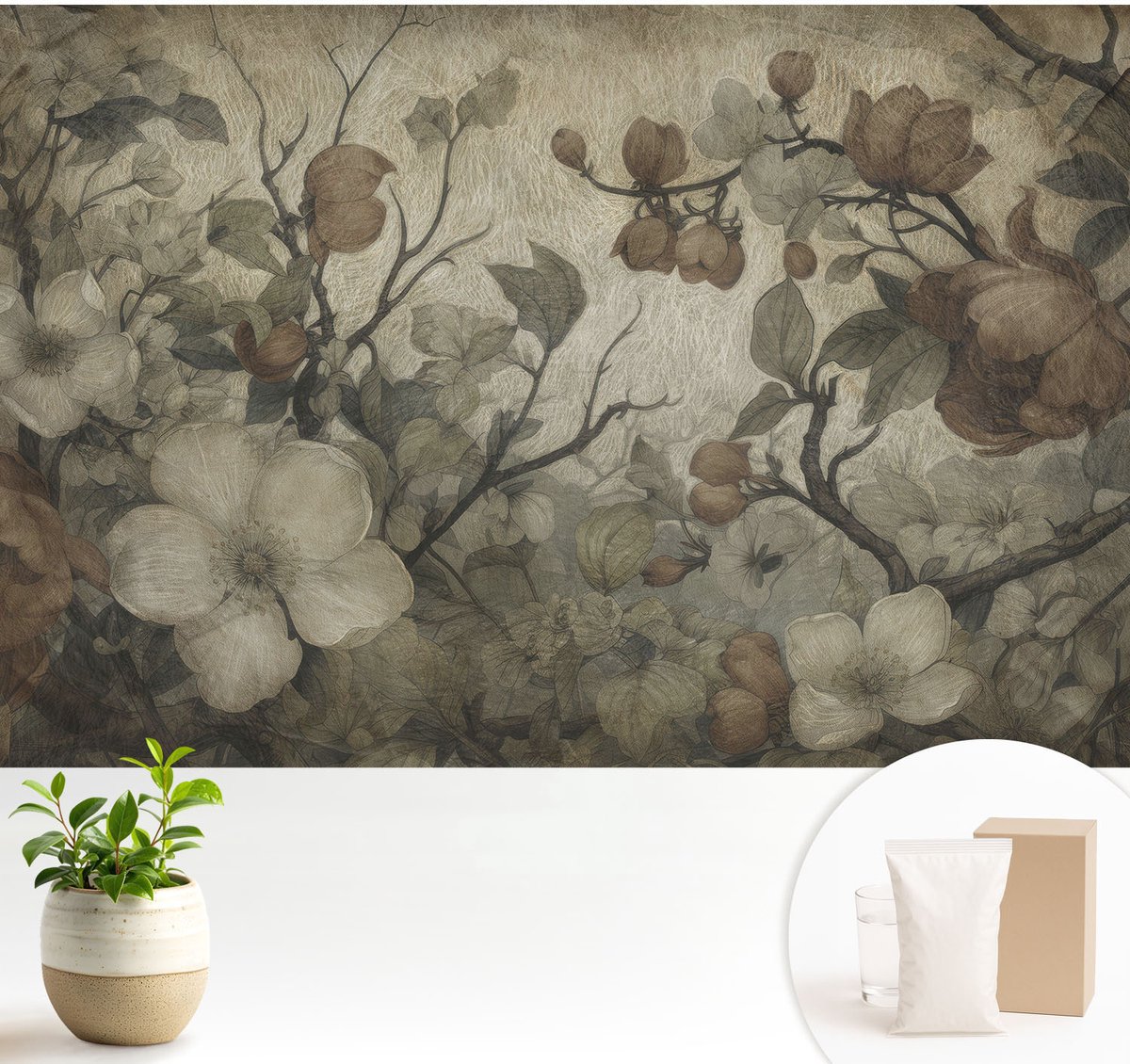 Wallfluent Fotobehang - Bruin Vliesbehang - 104x70 cm - Bloemenpracht Muurschildering - Gang behang Bloemen En Planten - Fotobehang Vlies - Slaapkamer behang