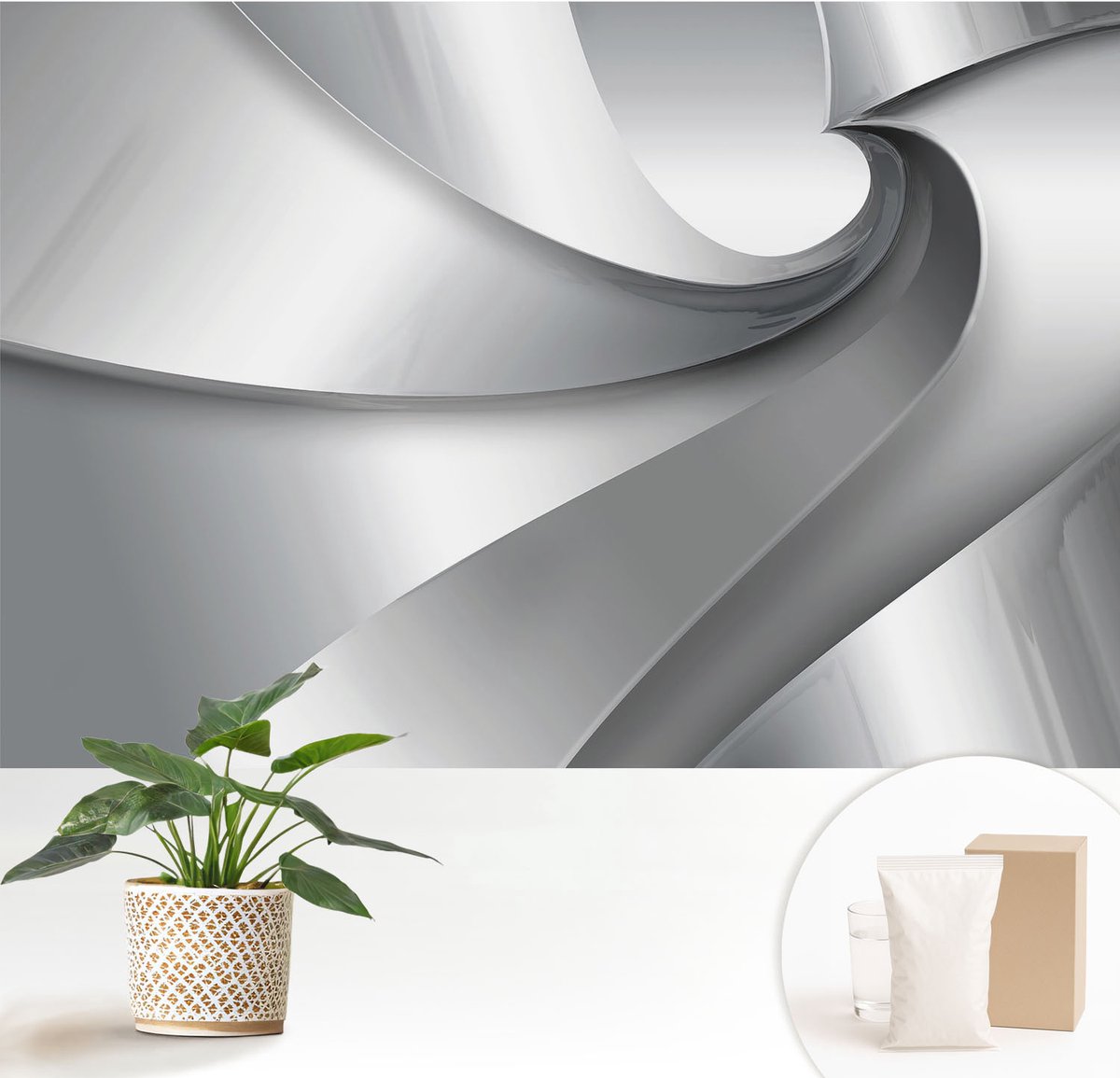 Wallfluent Fotobehang - Grijs Vliesbehang - 152x104 cm - Geometrische Spiralen Fotobehang Vlies - Woonkamer behang Abstractie - Muurschildering - Hal behang
