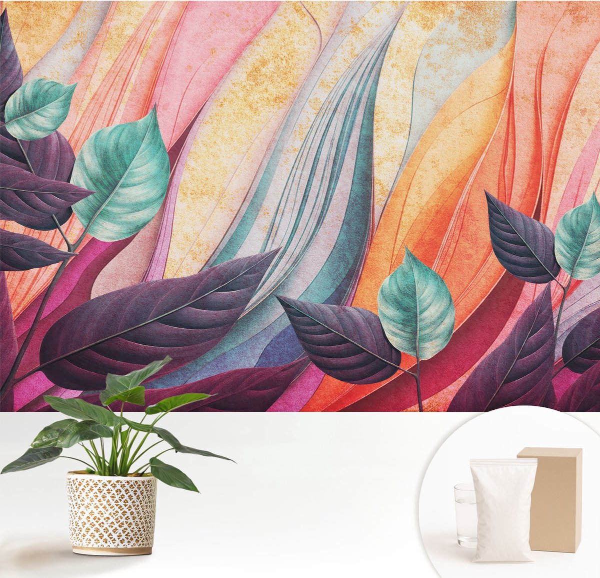 Wallfluent Fotobehang - Paars Vliesbehang - 152x104 cm - Abstracte Bladeren Fotobehang Vlies - Hal behang Bloemen En Planten - Muurschildering - Woonkamer behang