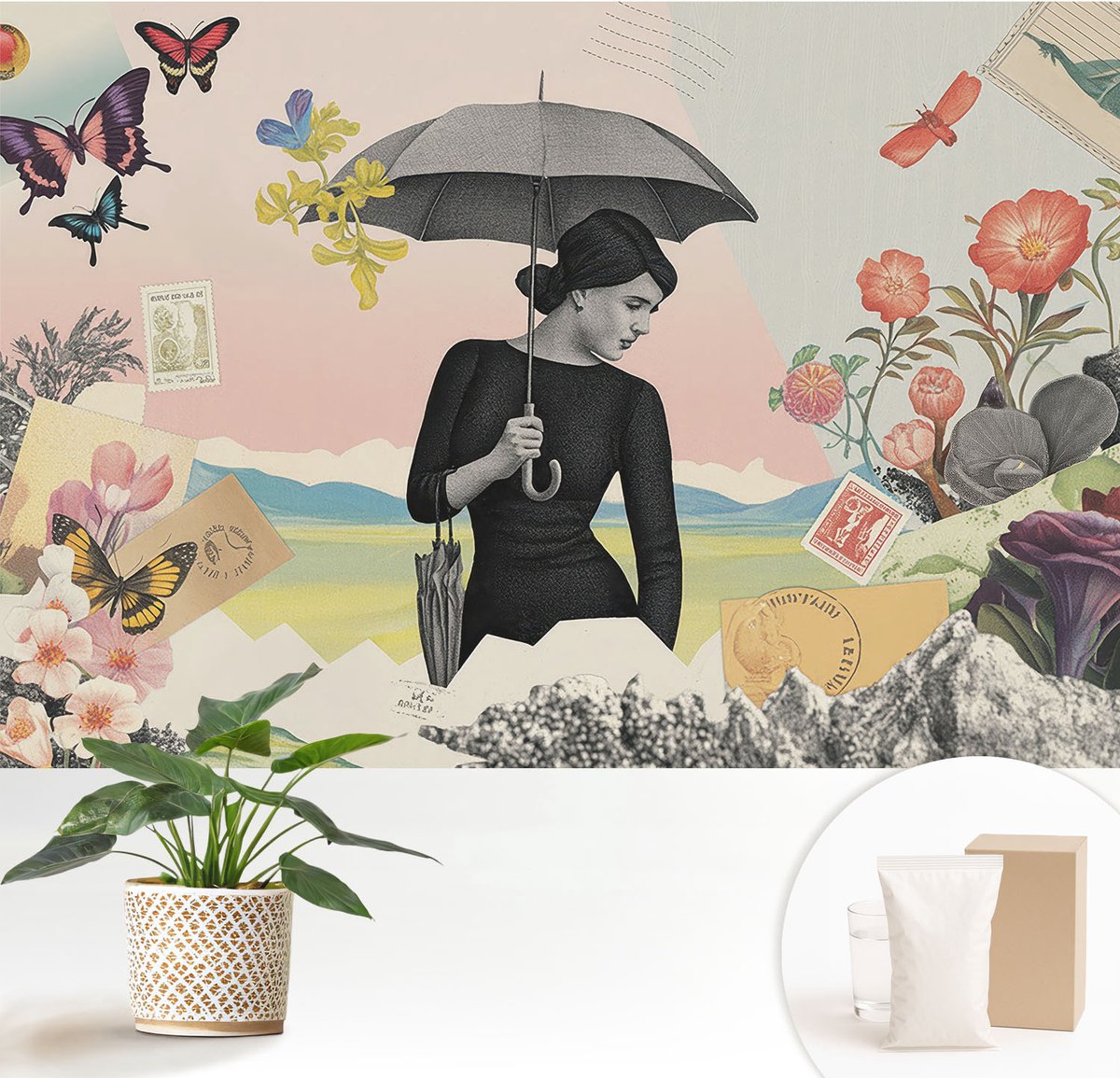 Wallfluent Fotobehang - Roze Vliesbehang - 152x104 cm - Romantische Collage Muurschildering - Gang behang Deel - Fotobehang Vlies - Slaapkamer behang