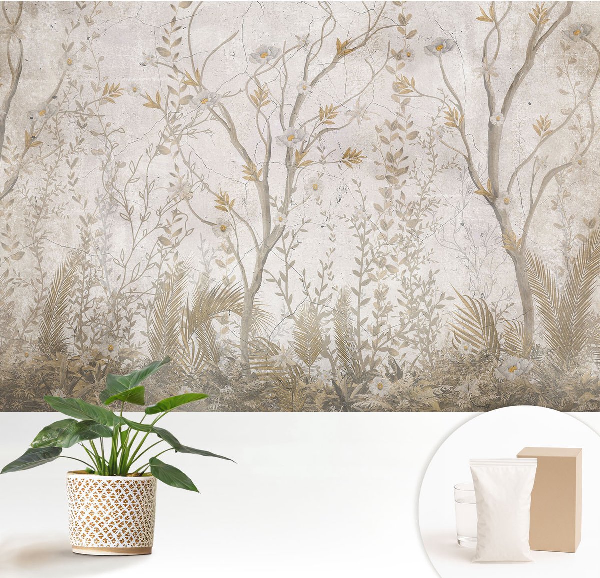 Wallfluent Fotobehang - Beige Vliesbehang - 152x104 cm - Een Boshoek Fotobehang Vlies - Woonkamer behang Bloemen En Planten - Muurschildering - Woonkamer behang