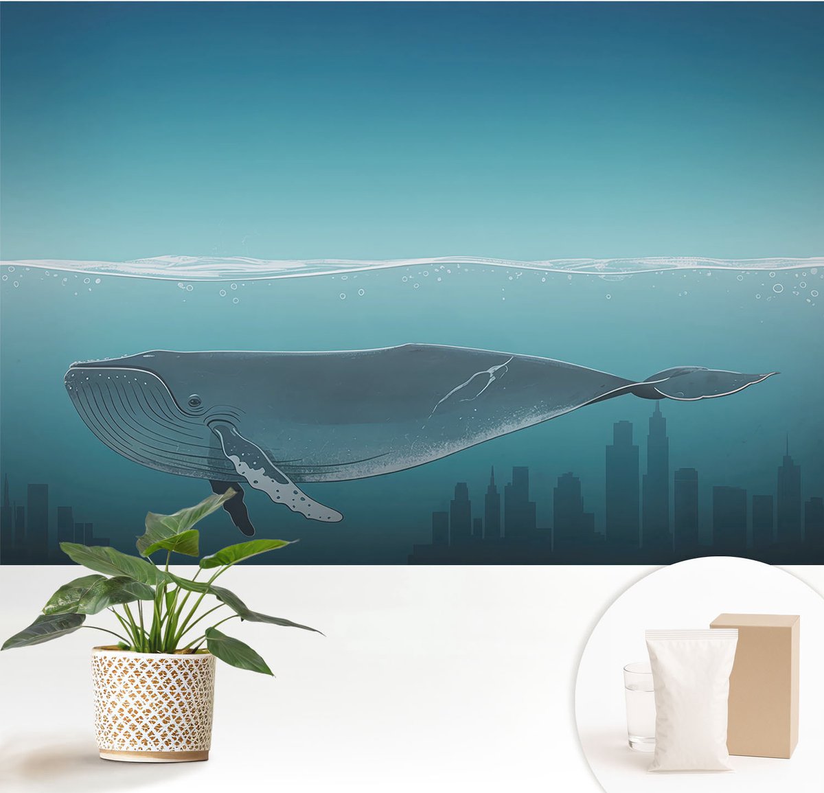 Wallfluent Fotobehang - Blauw Vliesbehang - 152x104 cm - Waterharmonie Muurschildering - Gang behang Dieren - Fotobehang Vlies - Slaapkamer behang