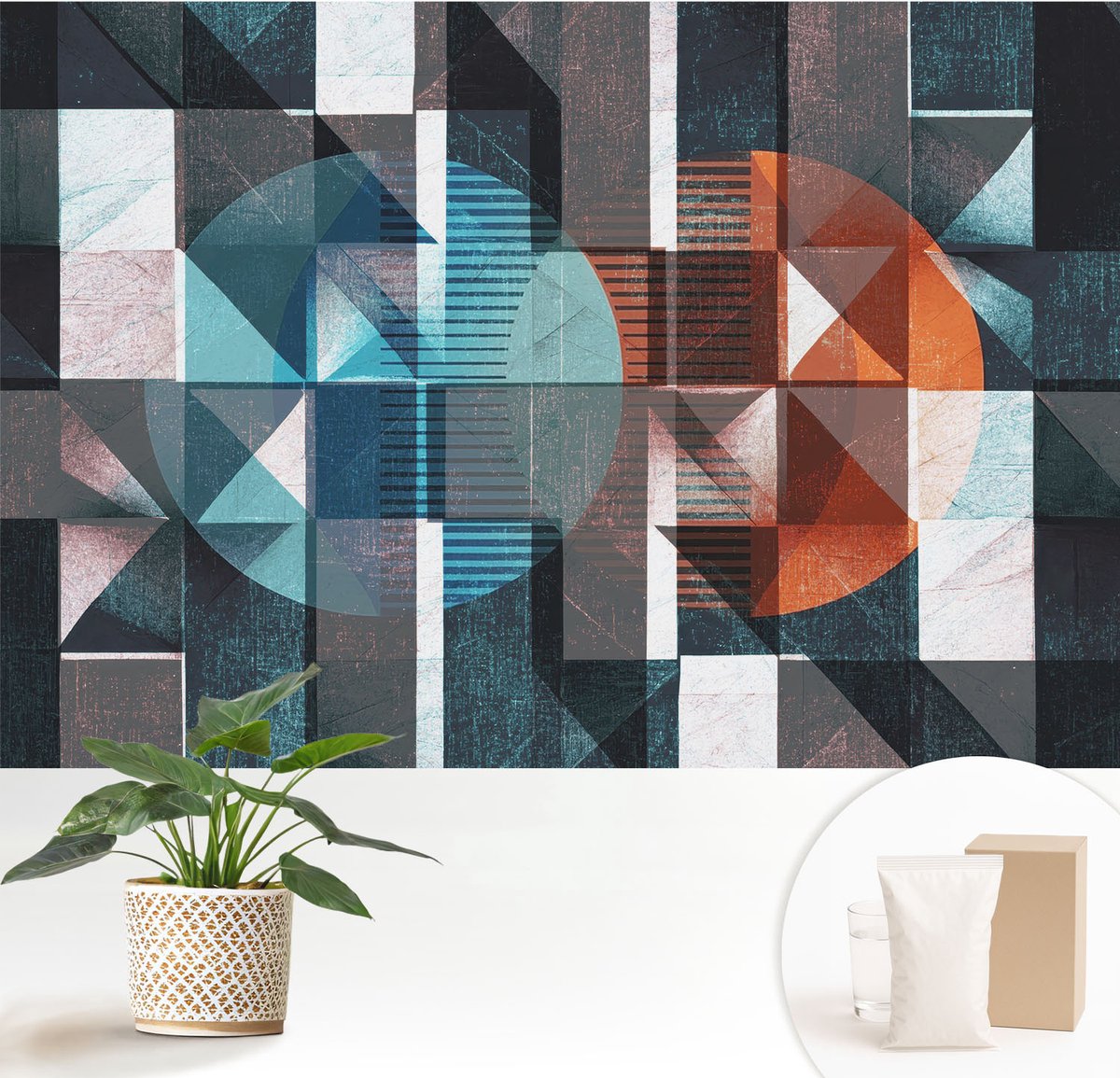 Wallfluent Fotobehang - Blauw Vliesbehang - 152x104 cm - Abstracte Vormen Fotobehang Vlies - Hal behang Abstractie - Muurschildering - Hal behang