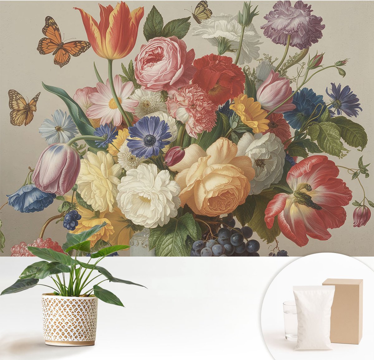 Wallfluent Fotobehang - Rood Vliesbehang - 152x104 cm - Bloemen En Vlinders Muurschildering - Slaapkamer behang Bloemen En Planten - Fotobehang Vlies - Slaapkamer behang