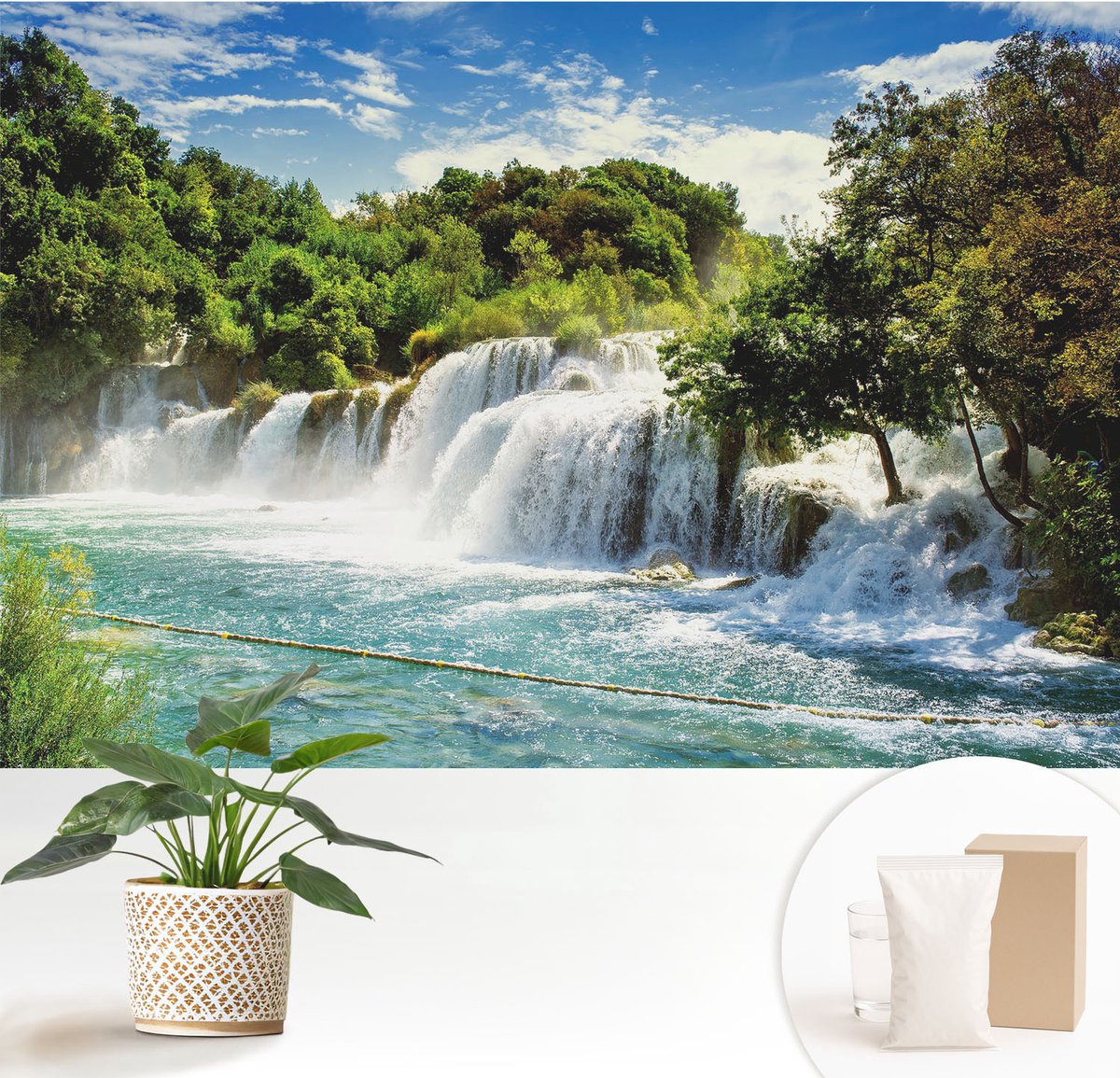Wallfluent Fotobehang - Groente Vliesbehang - 152x104 cm - Een Prachtige Waterval Fotobehang Vlies - Woonkamer behang Landschappen - Muurschildering - Woonkamer behang