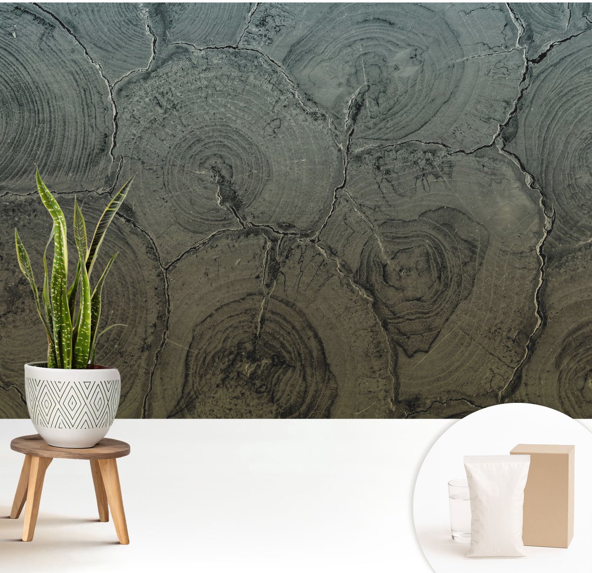 Wallfluent Fotobehang - Grijs Vliesbehang - 208x146 cm - Houten Ringen Muurschildering - Gang behang Texturen - Fotobehang Vlies - Slaapkamer behang