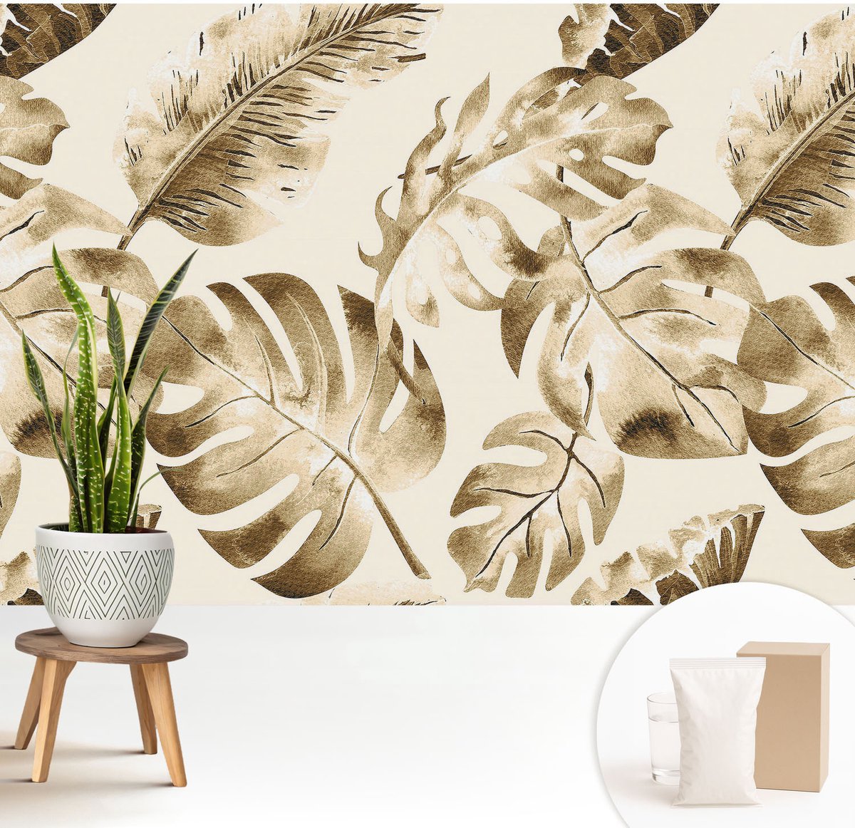 Wallfluent Fotobehang - Beige Vliesbehang - 208x146 cm - Exotische Flora Fotobehang Vlies - Woonkamer behang Bloemen En Planten - Muurschildering - Woonkamer behang