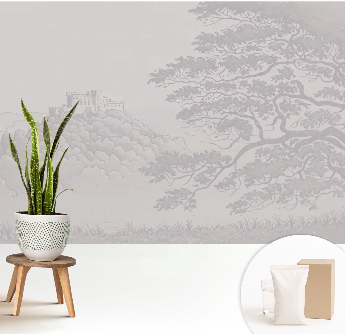 Wallfluent Fotobehang - Grijs Vliesbehang - 208x146 cm - Kasteellandschap Muurschildering - Slaapkamer behang Landschappen - Fotobehang Vlies - Gang behang