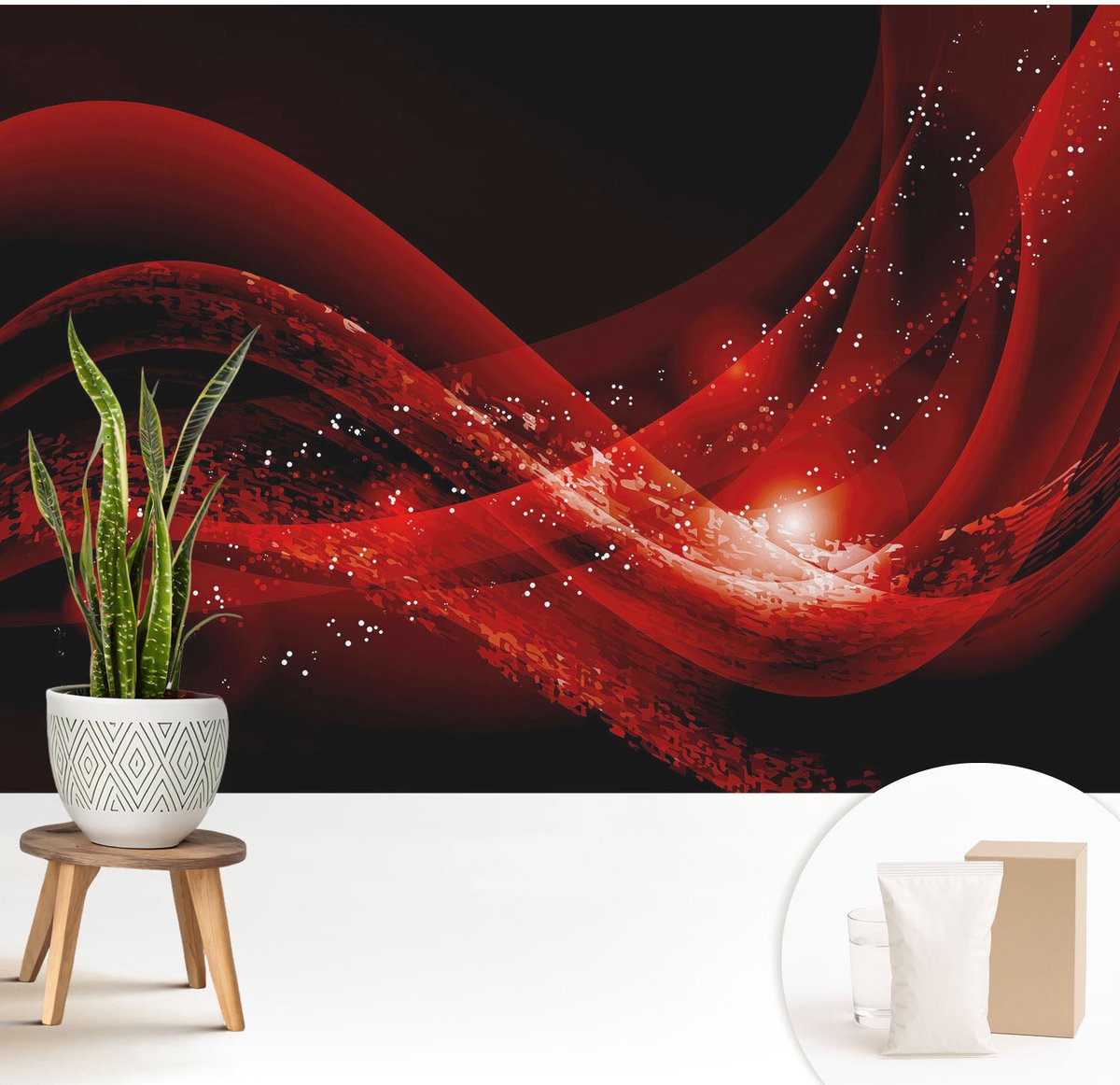 Wallfluent Fotobehang - Zwart Vliesbehang - 208x146 cm - Rode Vortex Fotobehang Vlies - Hal behang Abstractie - Muurschildering - Hal behang