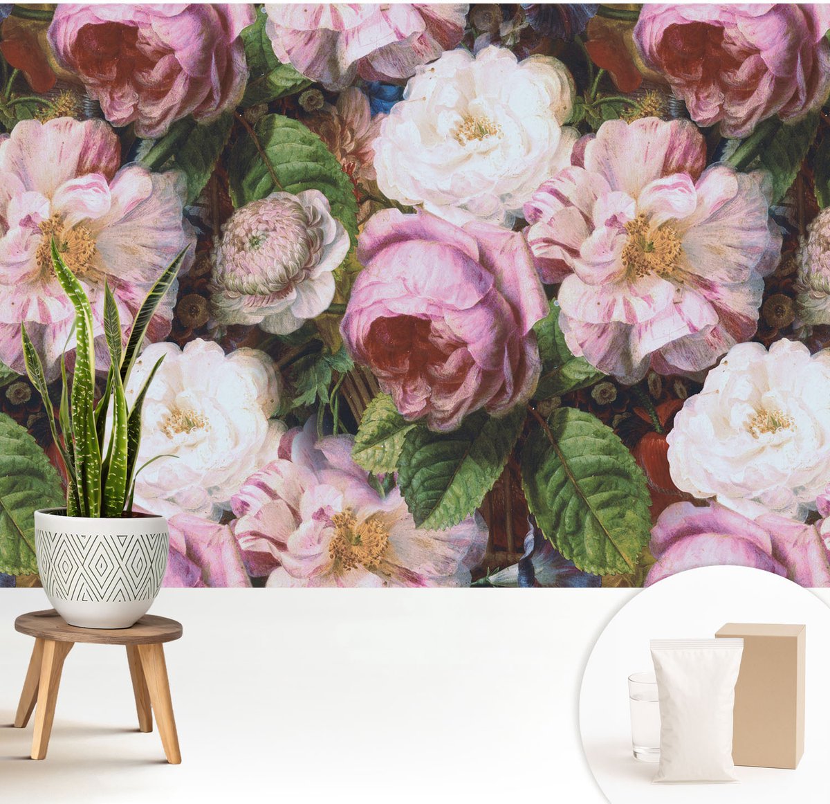 Wallfluent Fotobehang - Roze Vliesbehang - 208x146 cm - Bloemige Elegantie Muurschildering - Gang behang Bloemen En Planten - Fotobehang Vlies - Slaapkamer behang