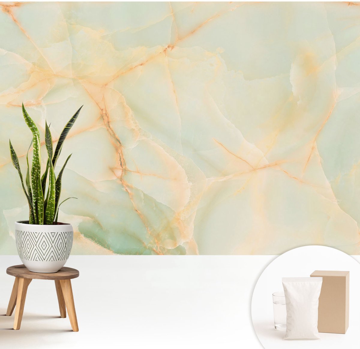 Wallfluent Fotobehang - Oranje Vliesbehang - 208x146 cm - Marmeren Elegantie Muurschildering - Gang behang Abstractie - Fotobehang Vlies - Slaapkamer behang