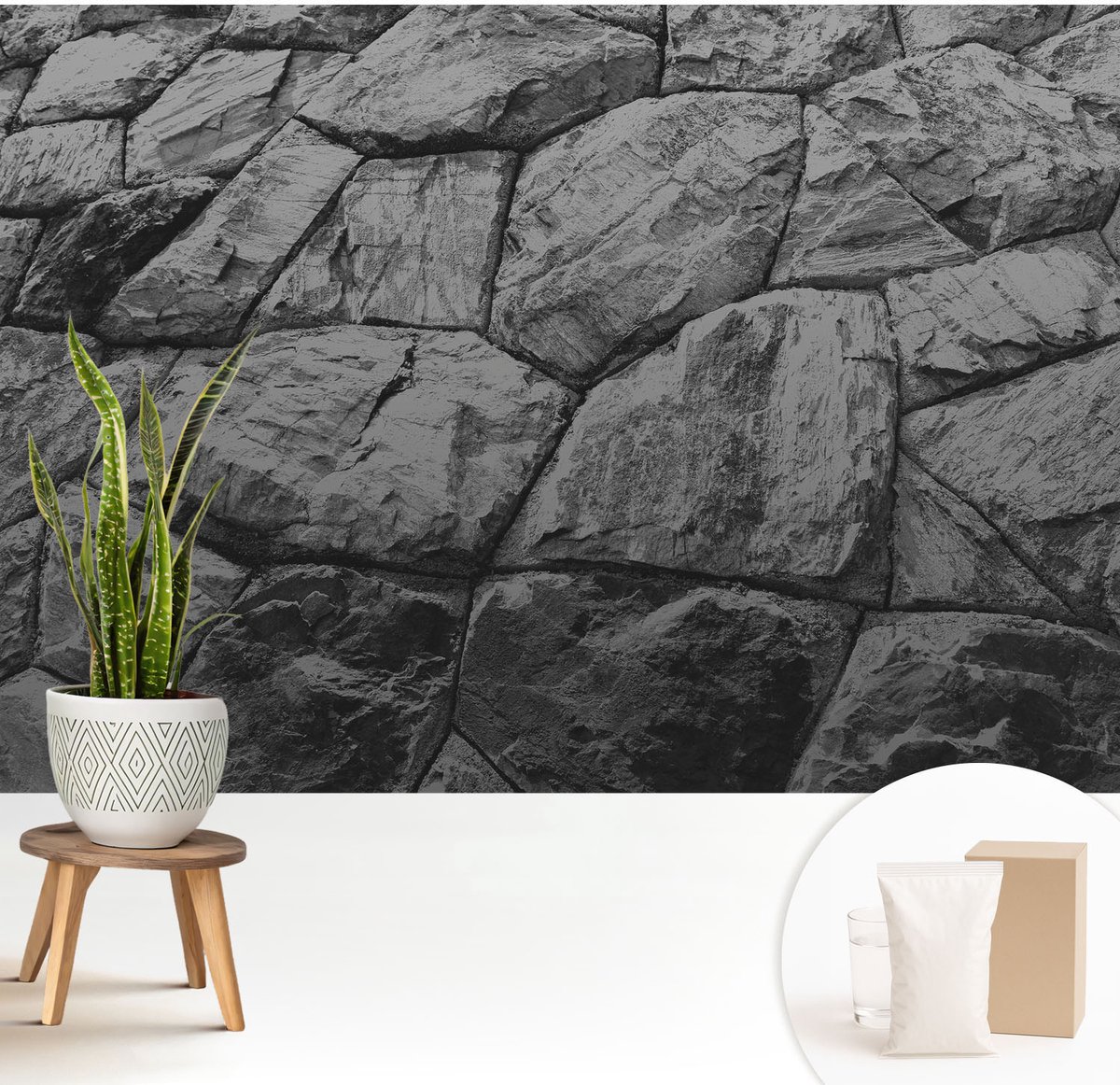 Wallfluent Fotobehang - Zwart-Wit Vliesbehang - 208x146 cm - Steenstructuren Muurschildering - Slaapkamer behang Texturen - Fotobehang Vlies - Slaapkamer behang