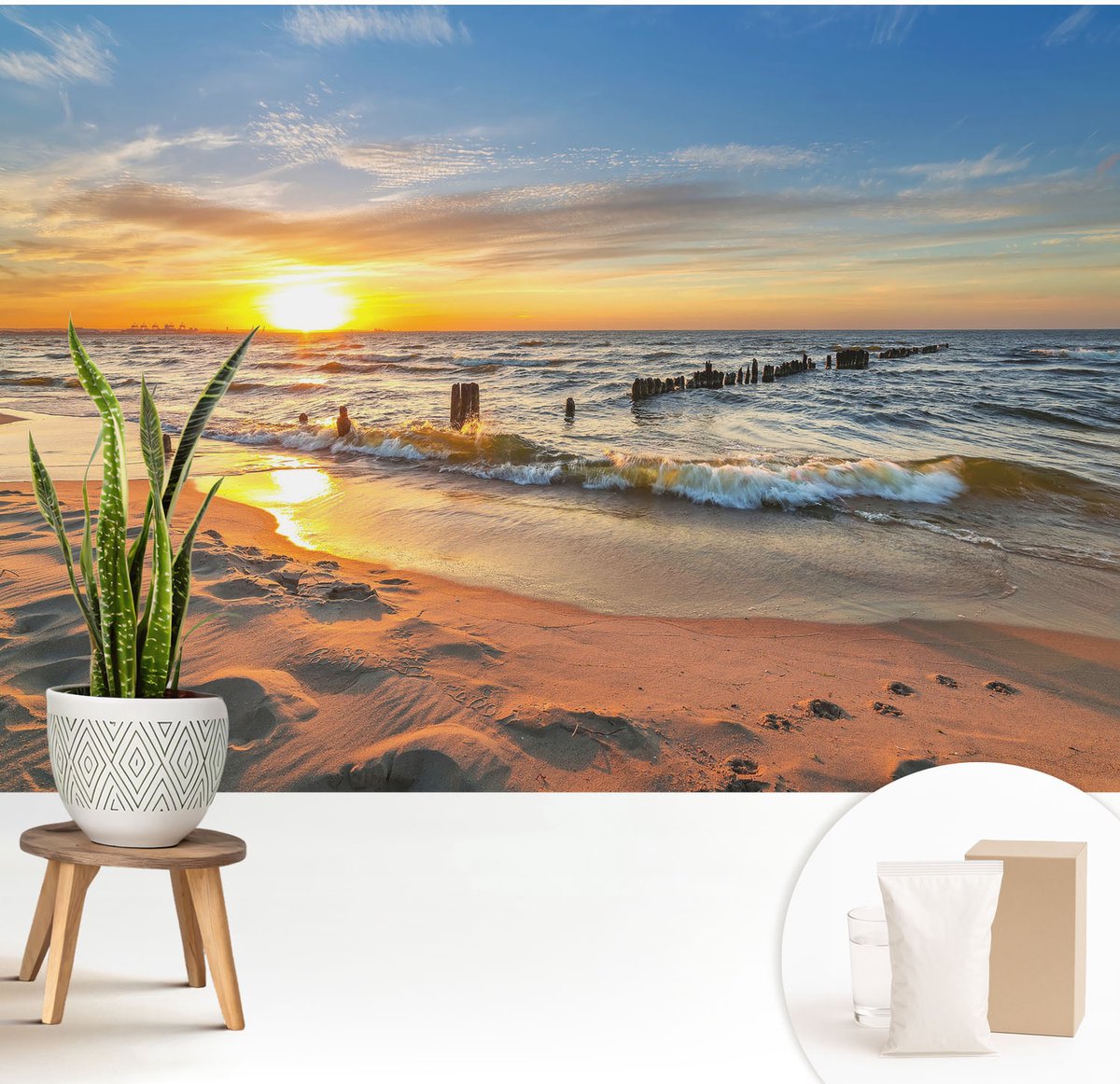 Wallfluent Fotobehang - Geel Vliesbehang - 208x146 cm - Zonsondergang Op Het Strand Muurschildering - Slaapkamer behang Landschappen - Fotobehang Vlies - Slaapkamer behang