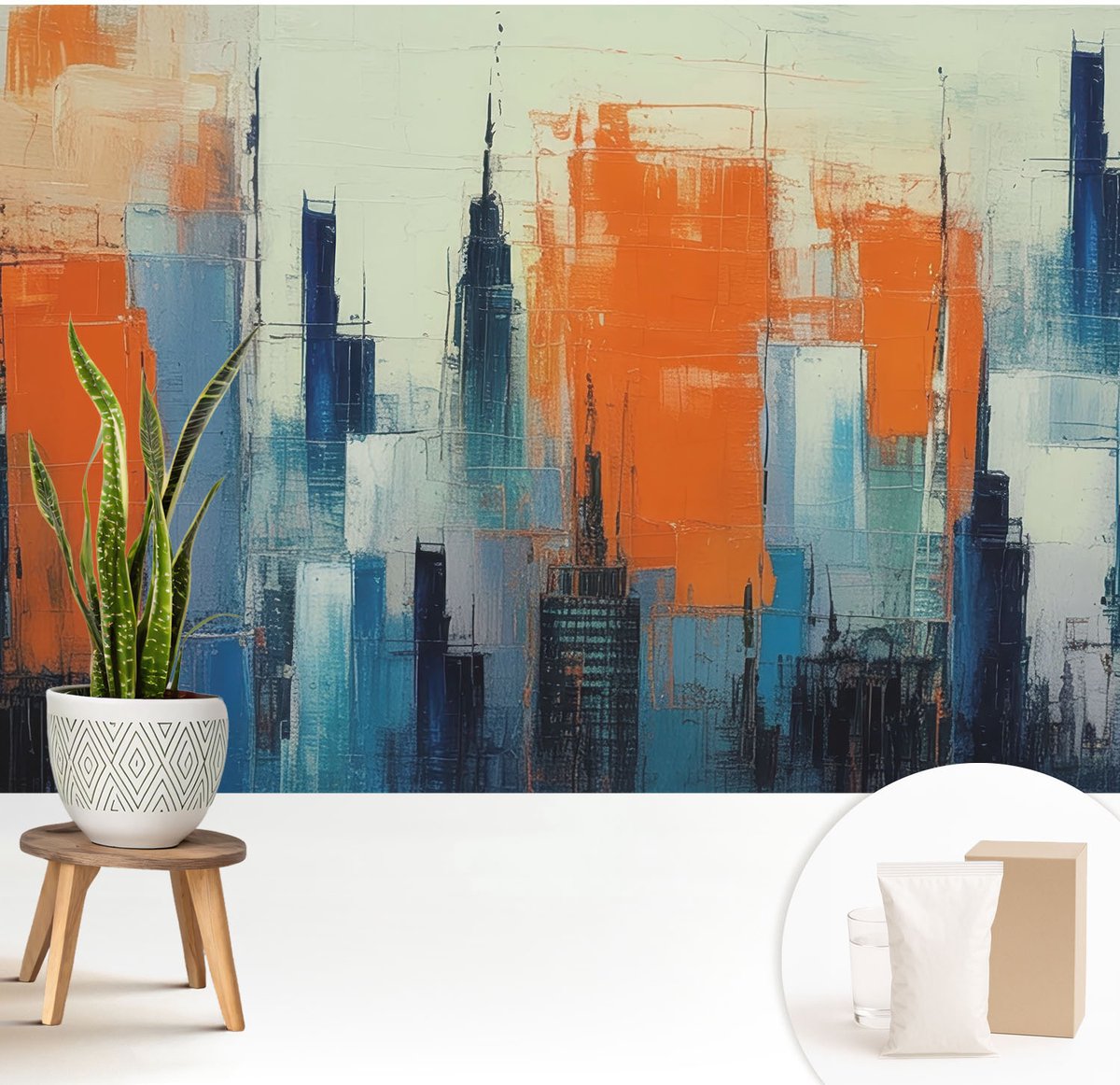 Wallfluent Fotobehang - Oranje Vliesbehang - 208x146 cm - Abstracte Stad Muurschildering - Gang behang Architectuur - Fotobehang Vlies - Slaapkamer behang