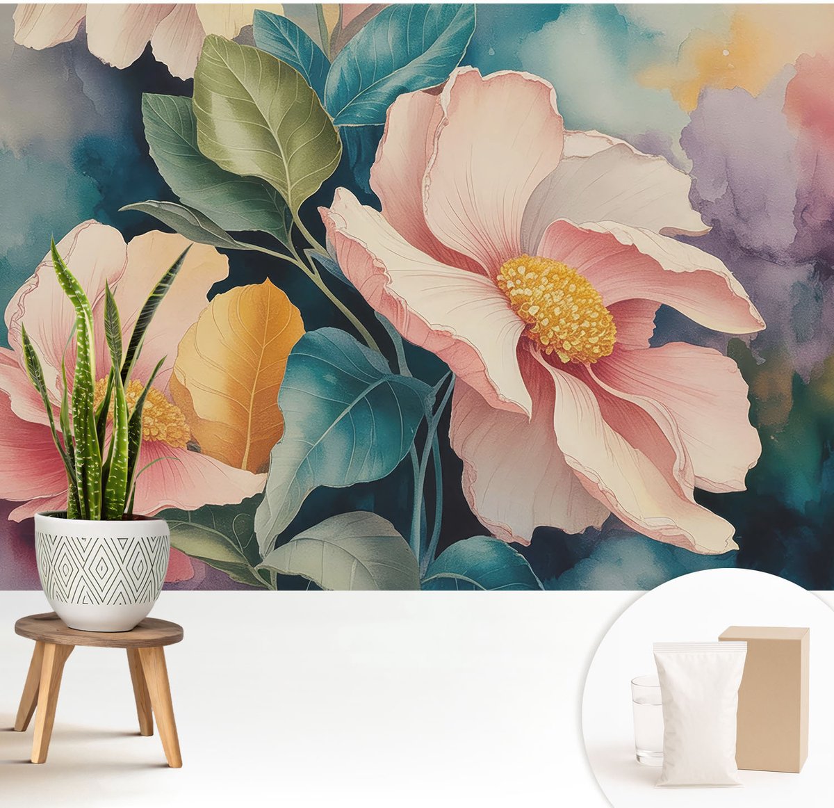 Wallfluent Fotobehang - Roze Vliesbehang - 208x146 cm - Bloemige Elegantie Muurschildering - Gang behang Bloemen En Planten - Fotobehang Vlies - Gang behang