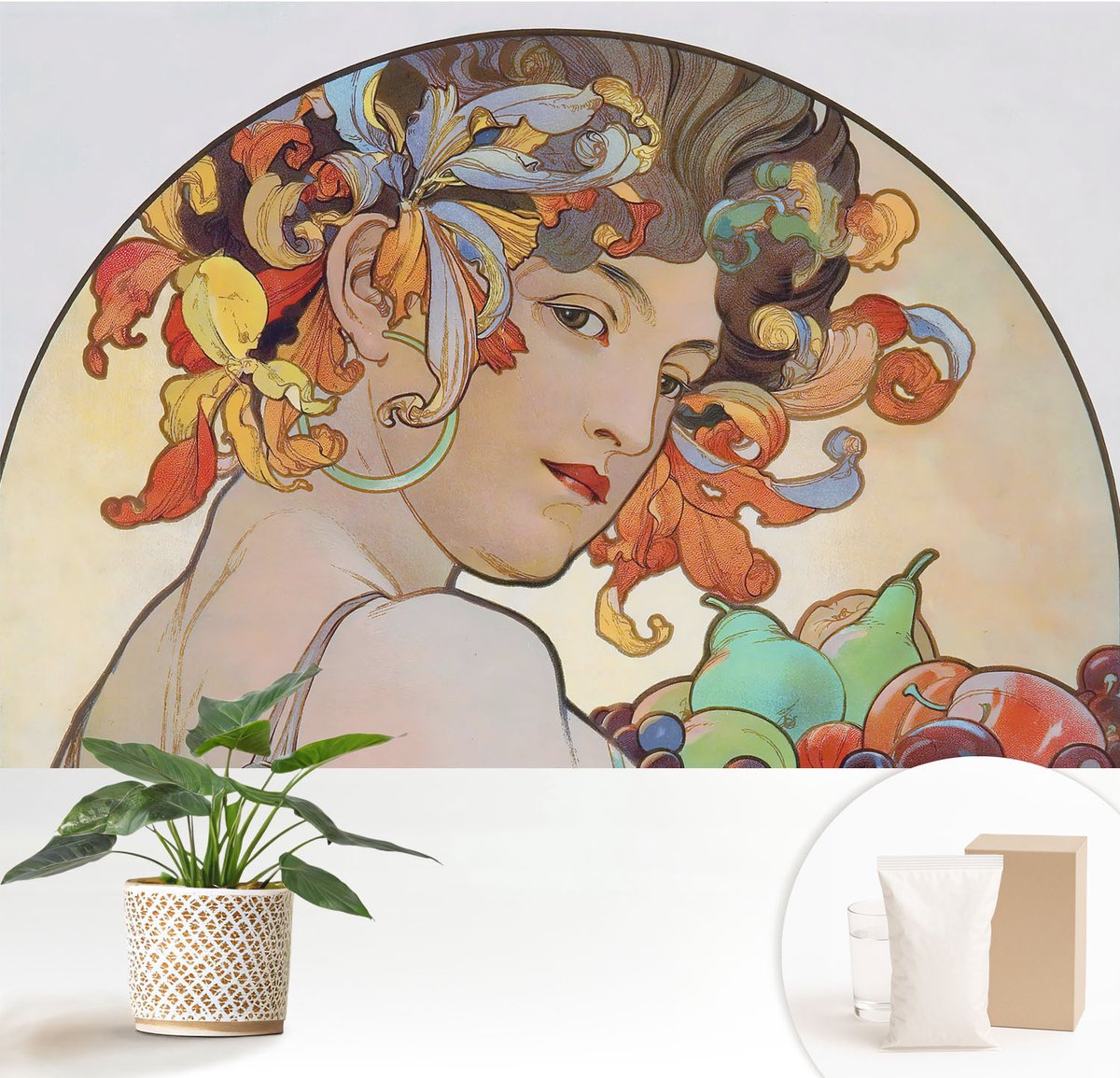 Wallfluent Fotobehang - Beige Vliesbehang - 152x104 cm - Kleurrijke Art Nouveau Fotobehang Vlies - Hal behang Deel - Muurschildering - Hal behang