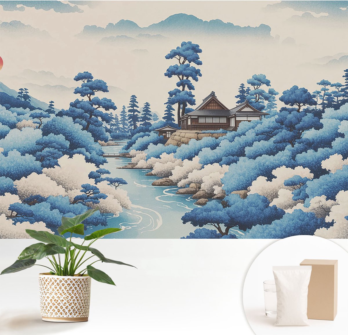 Wallfluent Fotobehang - Blauw Vliesbehang - 152x104 cm - Vredige Natuur Fotobehang Vlies - Hal behang Landschappen - Muurschildering - Hal behang