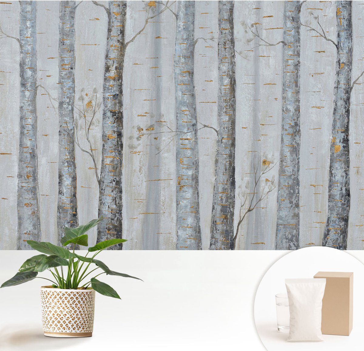 Wallfluent Fotobehang - Grijs Vliesbehang - 152x104 cm - Berkenbomen Fotobehang Vlies - Hal behang Bloemen En Planten - Muurschildering - Woonkamer behang