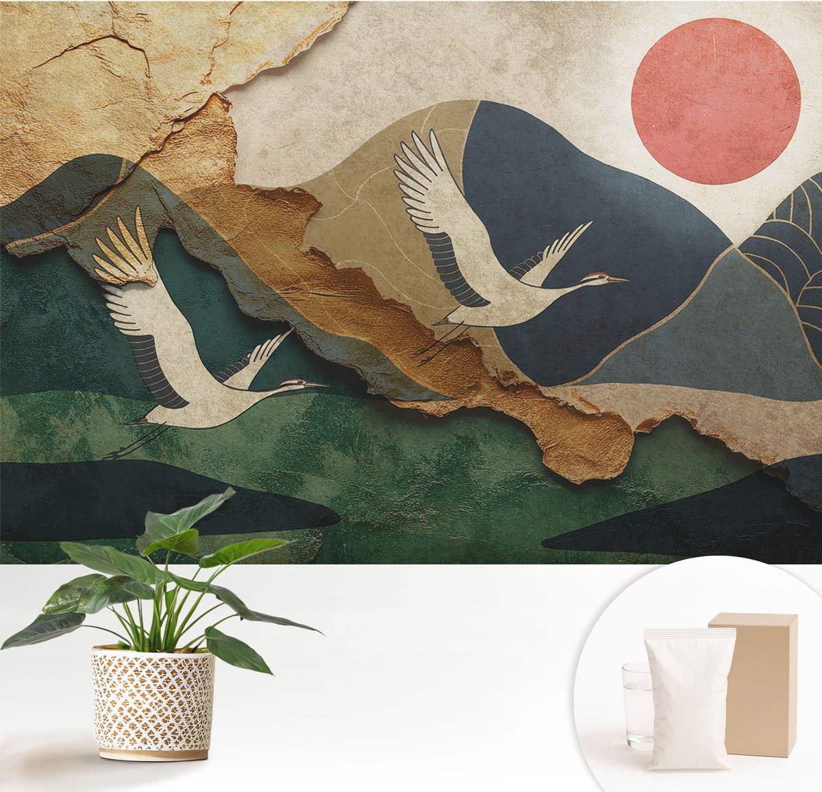 Wallfluent Fotobehang - Groente Vliesbehang - 152x104 cm - Kraanvogels Van Het Oosten Fotobehang Vlies - Woonkamer behang Landschappen - Muurschildering - Hal behang