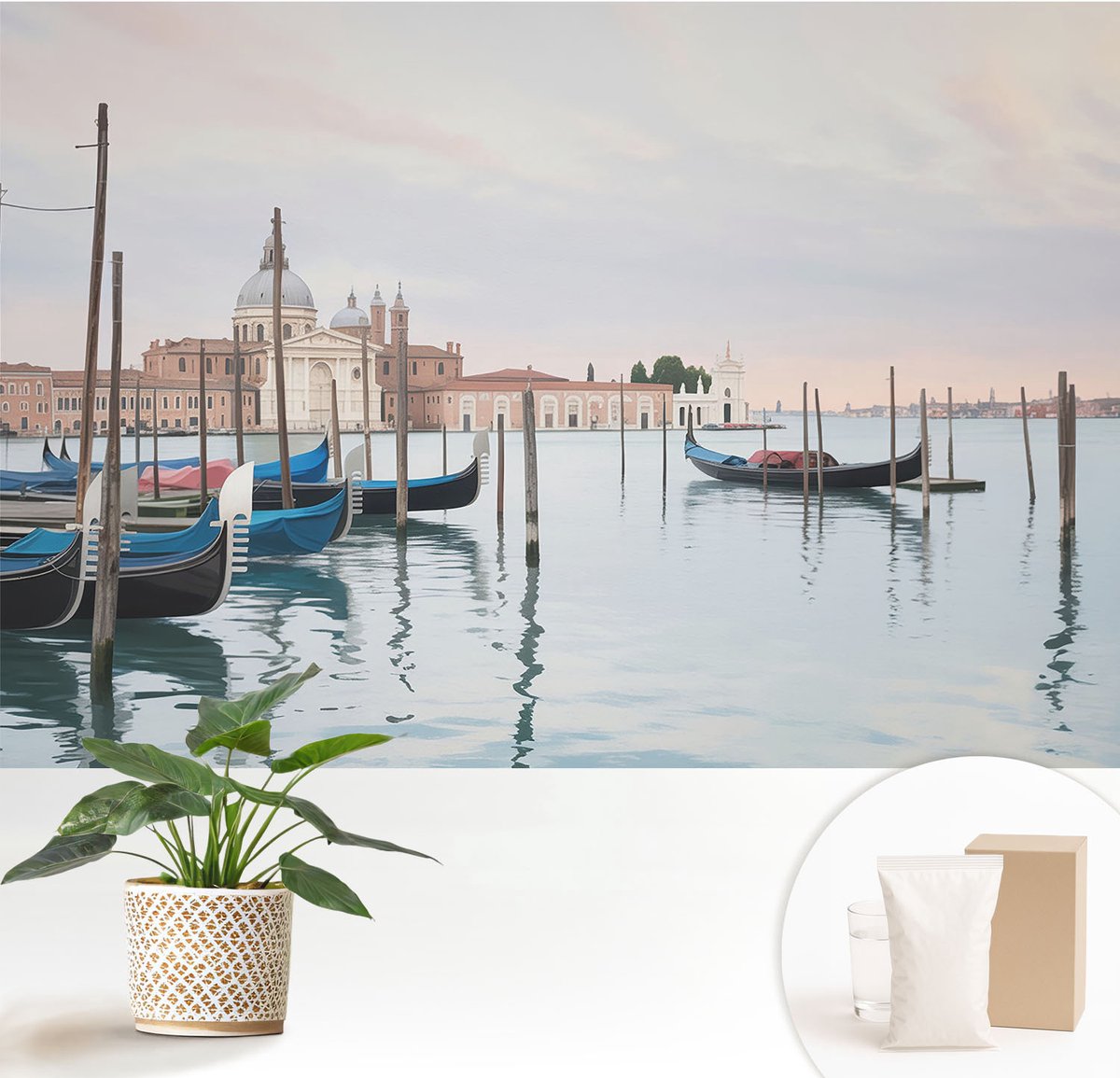 Wallfluent Fotobehang - Wit Vliesbehang - 152x104 cm - Venetiaans Landschap Fotobehang Vlies - Woonkamer behang Landschappen - Muurschildering - Woonkamer behang